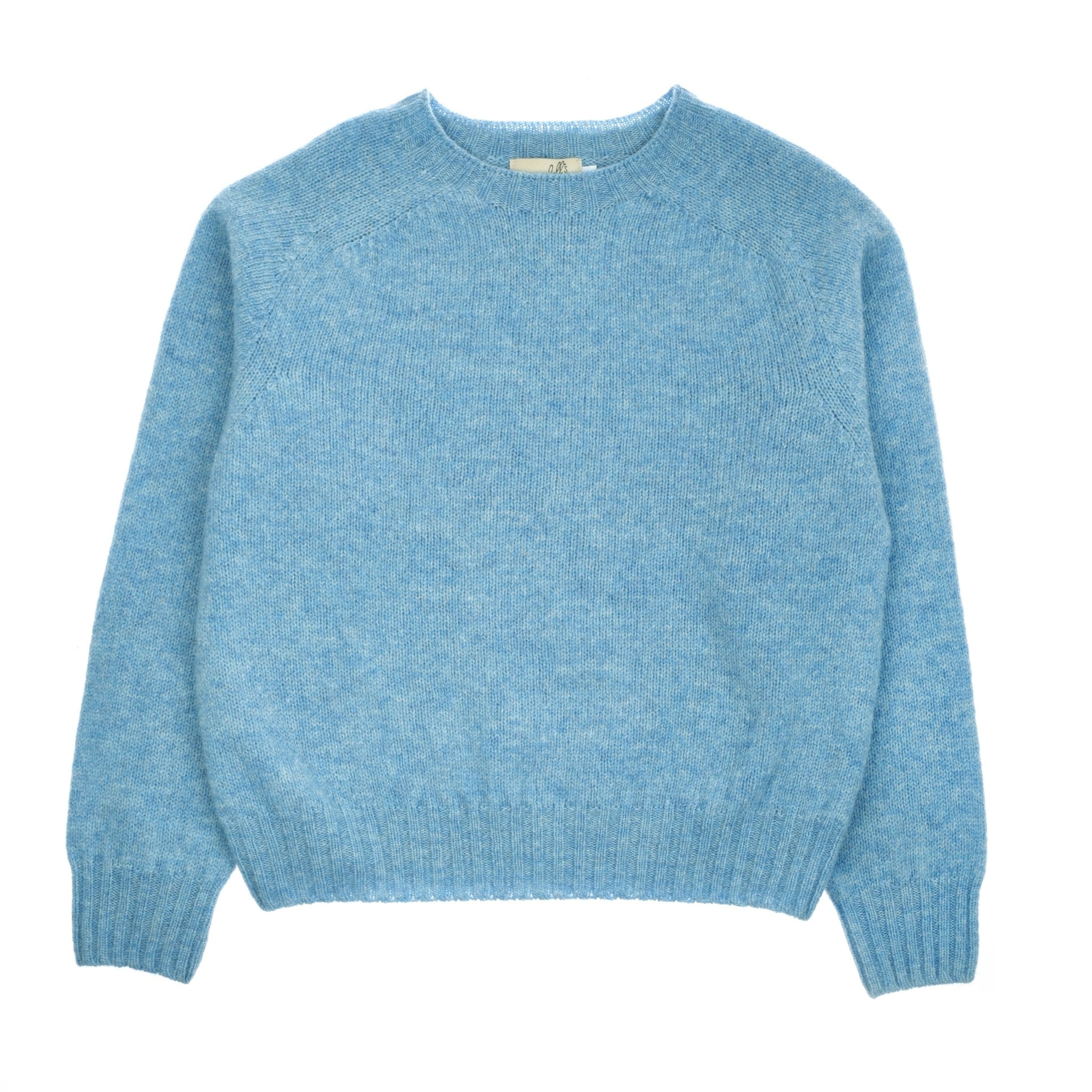 A light blue, long-sleeved Auld Stock Cropped Shetland Jumper by Campbell's of Beauly, crafted from soft Shetland lambswool knit, is laid flat on a white background.