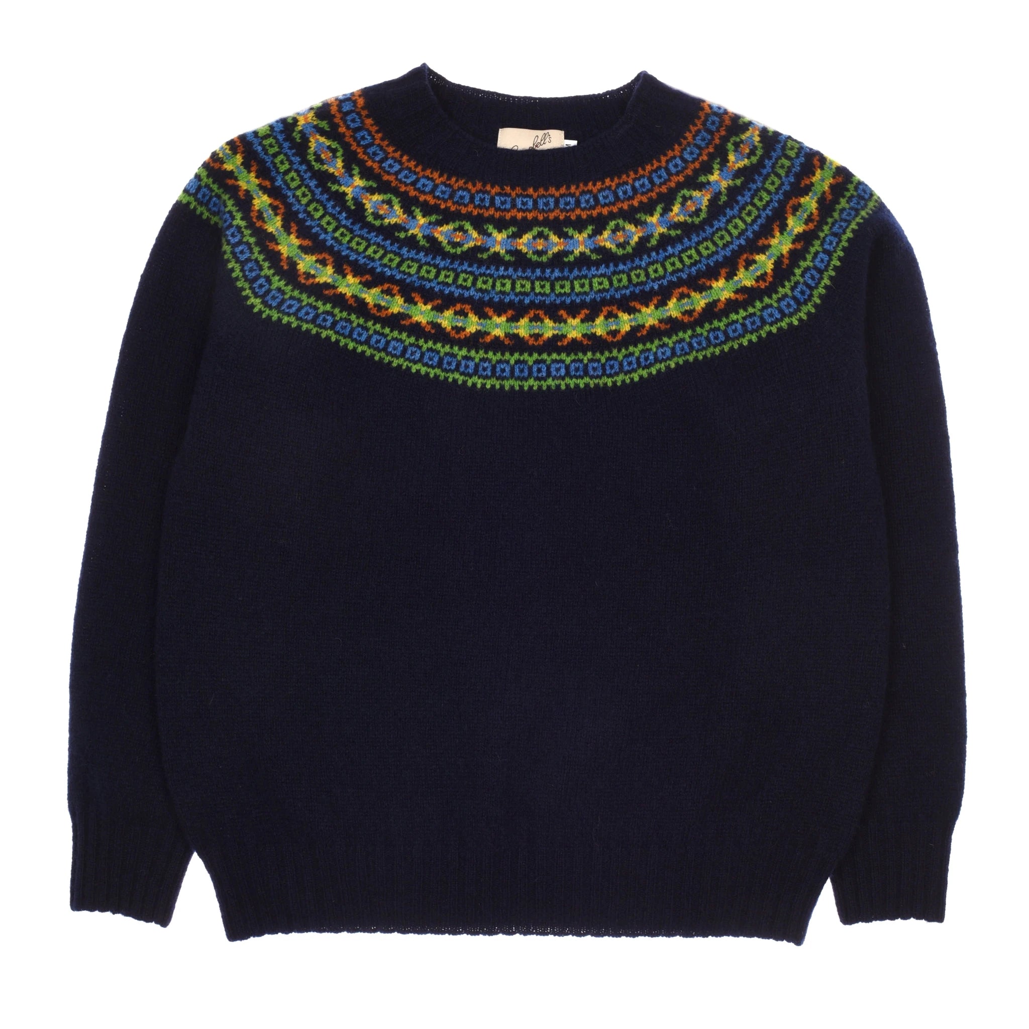 The Auld Stock Fairisle Crew Jumper by Campbell's of Beauly is a navy blue Geelong lambswool sweater, knitted in Scotland with a colorful Fair Isle yoke in green, blue, orange, and yellow. It features long sleeves and a round neck.