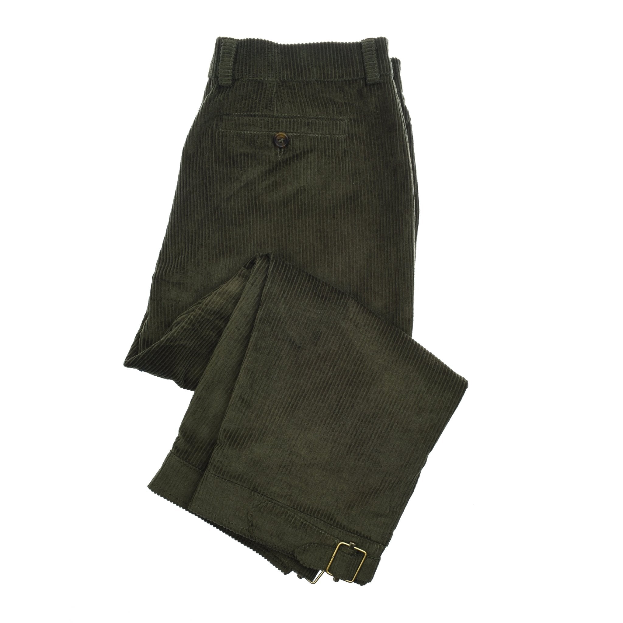 Campbell's of Beauly Corduroy Plus Twos in dark green, shown folded on a white background, feature a classic fit, adjustable waist buckles, and timeless heritage tailoring.