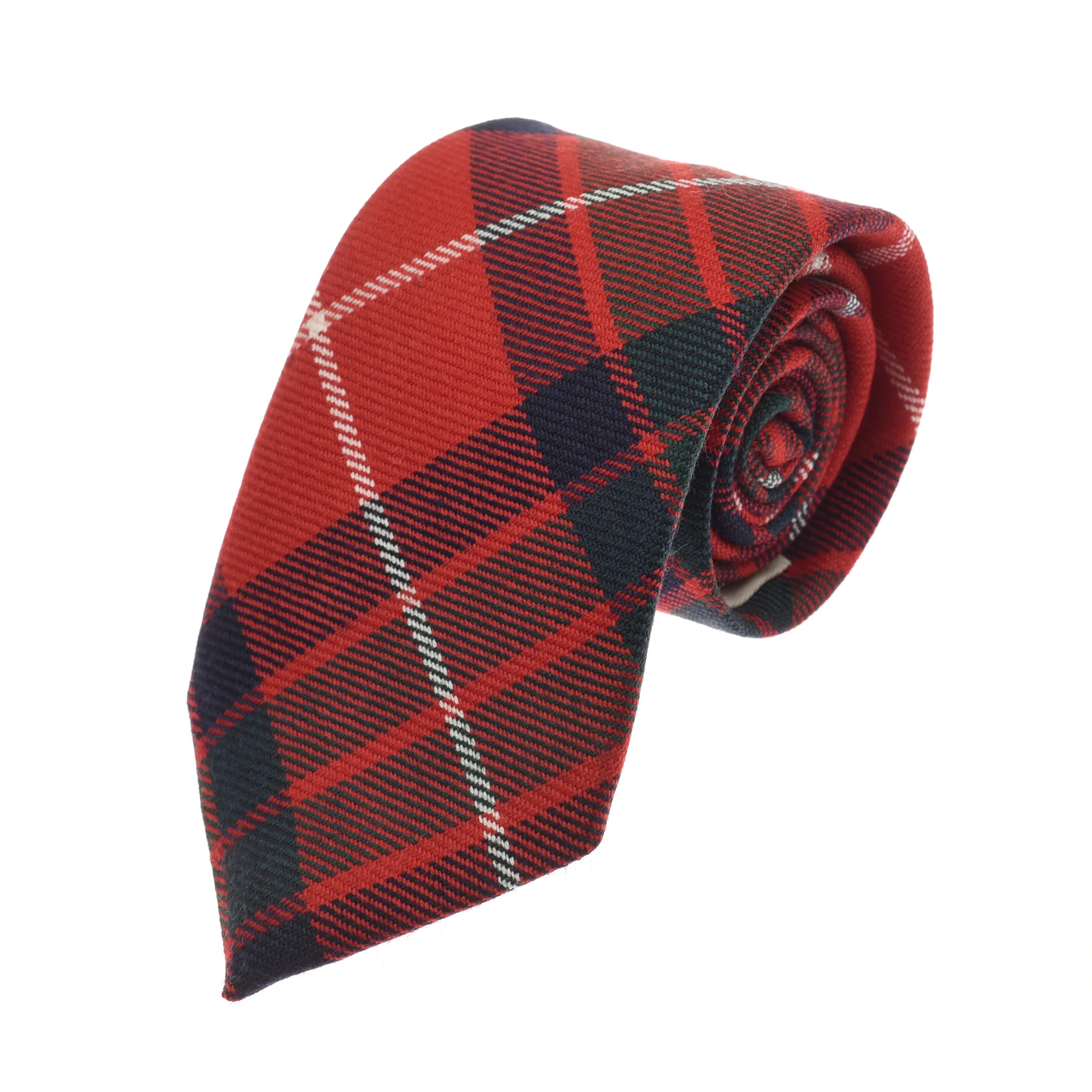 The Campbell's of Beauly Tartan Tie features fine wool in a red, black, and white plaid pattern—ideal for elevating formalwear. Displayed rolled up on a white background.