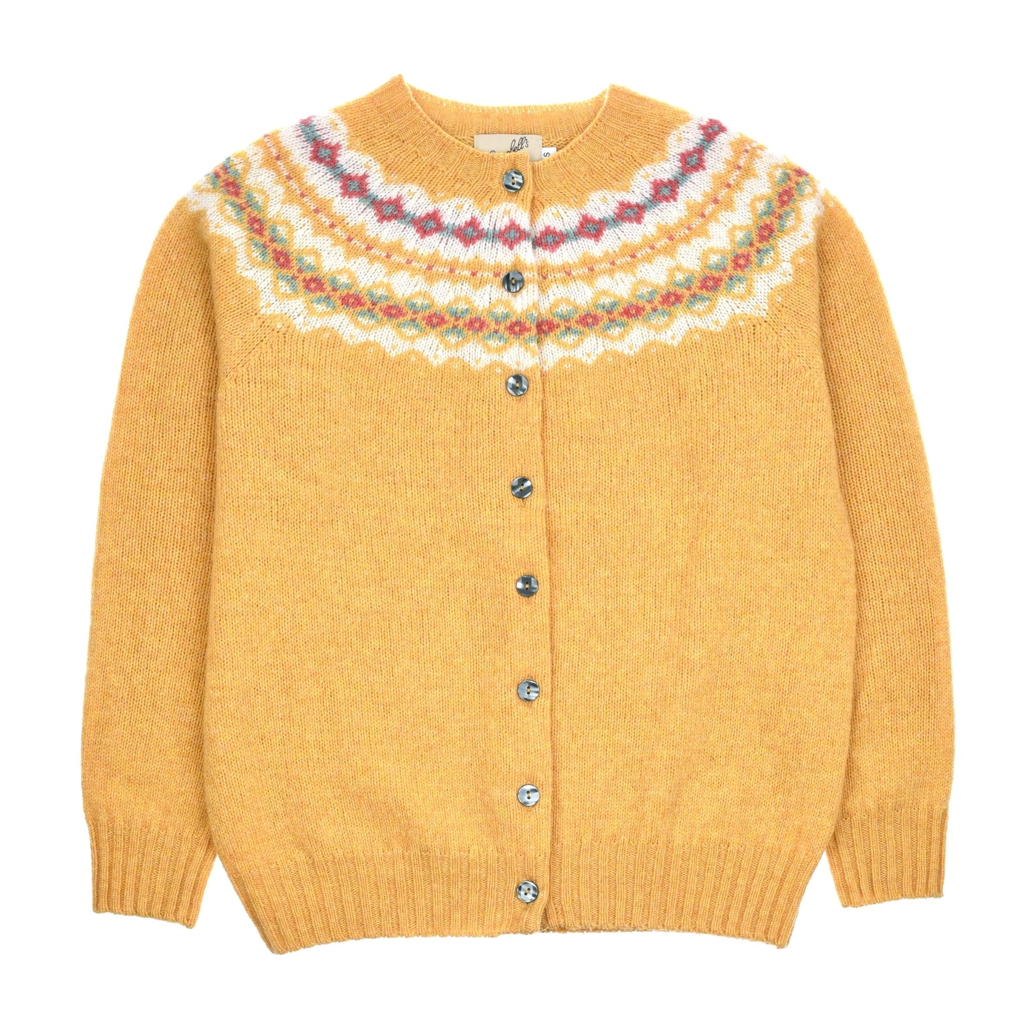The Shetland Fairisle Cardigan by Campbell's of Beauly features a yellow base, button front, colorful patterned yoke, ribbed cuffs and hem, round neckline, and is crafted from Pure New Wool Scottish knitwear.