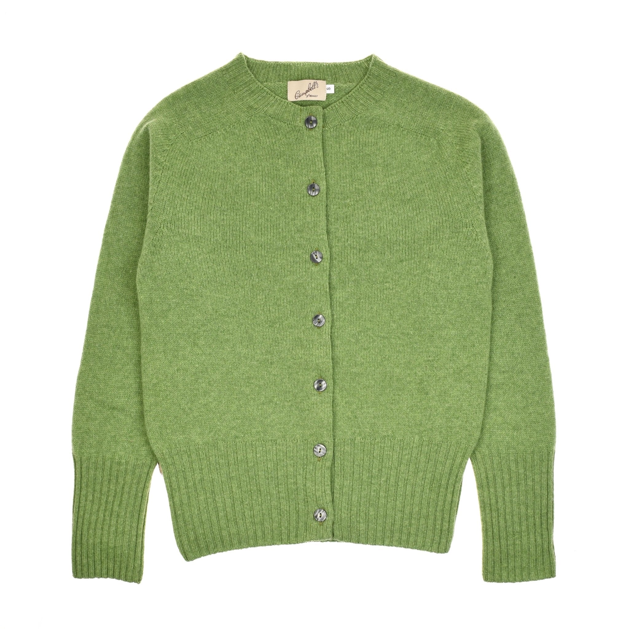 The Crew Cardigan by Campbell's of Beauly is a green, crew neck, button-up lambswool knit with long sleeves and ribbed trims, made in Scotland; shown flat on a white background.