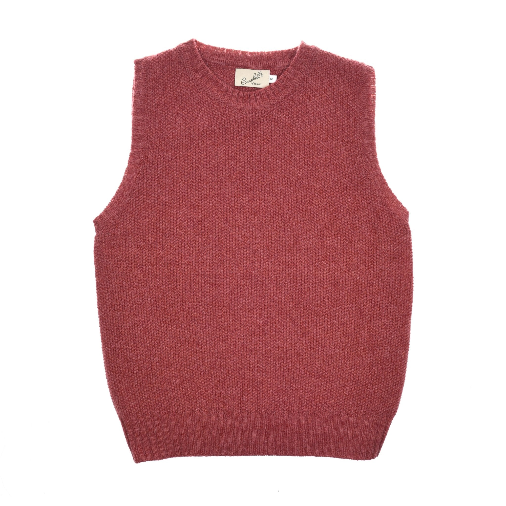 The Auld Stock Moss Stitch Crew Tank by Campbell's of Beauly is a sleeveless, textured knit vest in Rosewood. Crafted in Scotland, it features fine gauge ribbed edges at the crew neckline, armholes, and hem, shown laid flat on a white background.