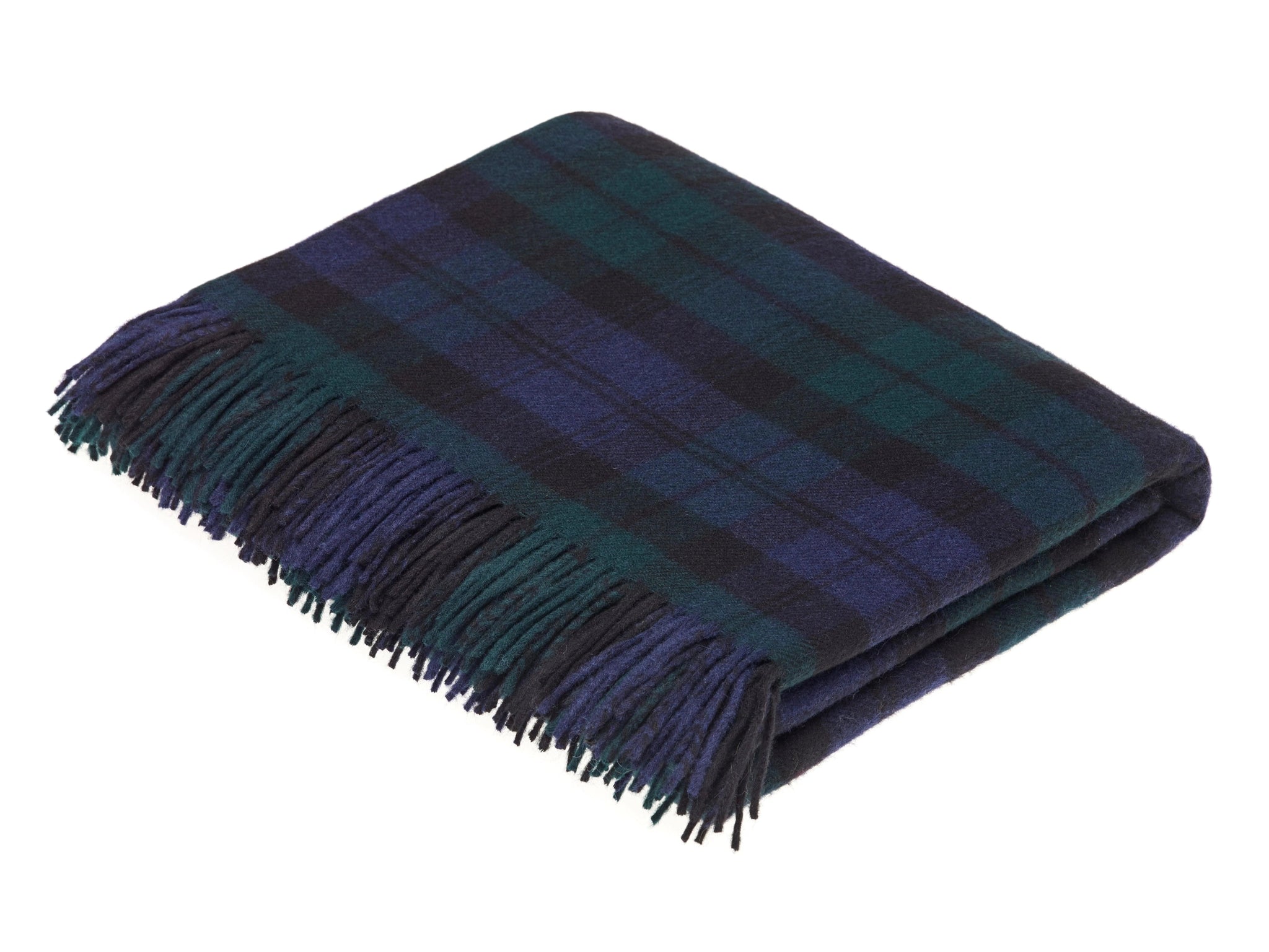 The Campbell's of Beauly Lambswool Tartan Blanket features a dark green and navy blue tartan pattern, fringed edges, and is expertly crafted from soft lambswool.