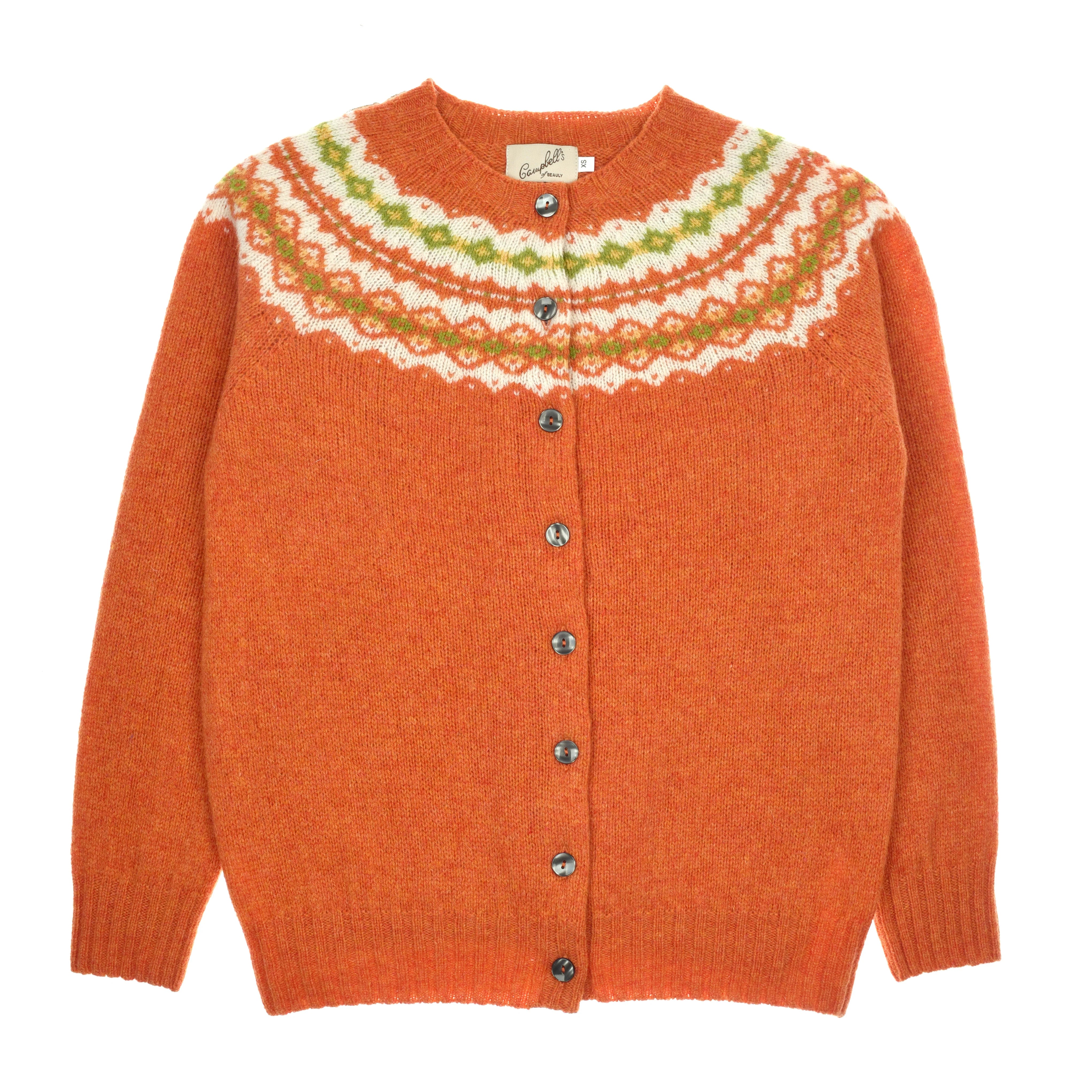 The Auld Stock Shetland Fairisle Cardigan by Campbell's of Beauly is an orange cardigan with a round neck, front buttons, and a multicolored Nordic yoke pattern in white, green, and pale orange, made from pure new wool.