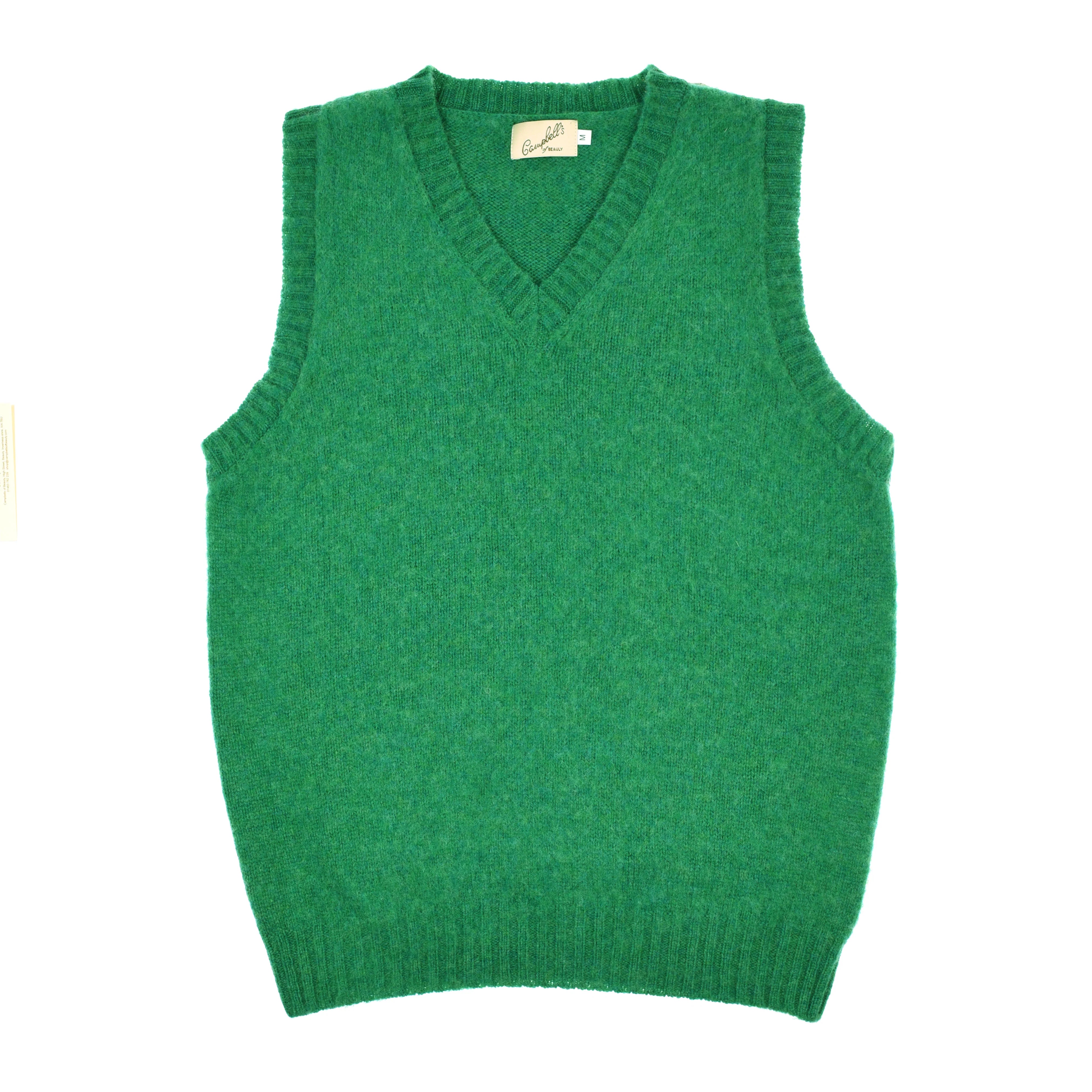 The Auld Stock Shetland Slipover by Campbell's of Beauly is a green, sleeveless V-neck knit vest in soft Shetland wool with a ribbed hem, displayed flat on a white background.