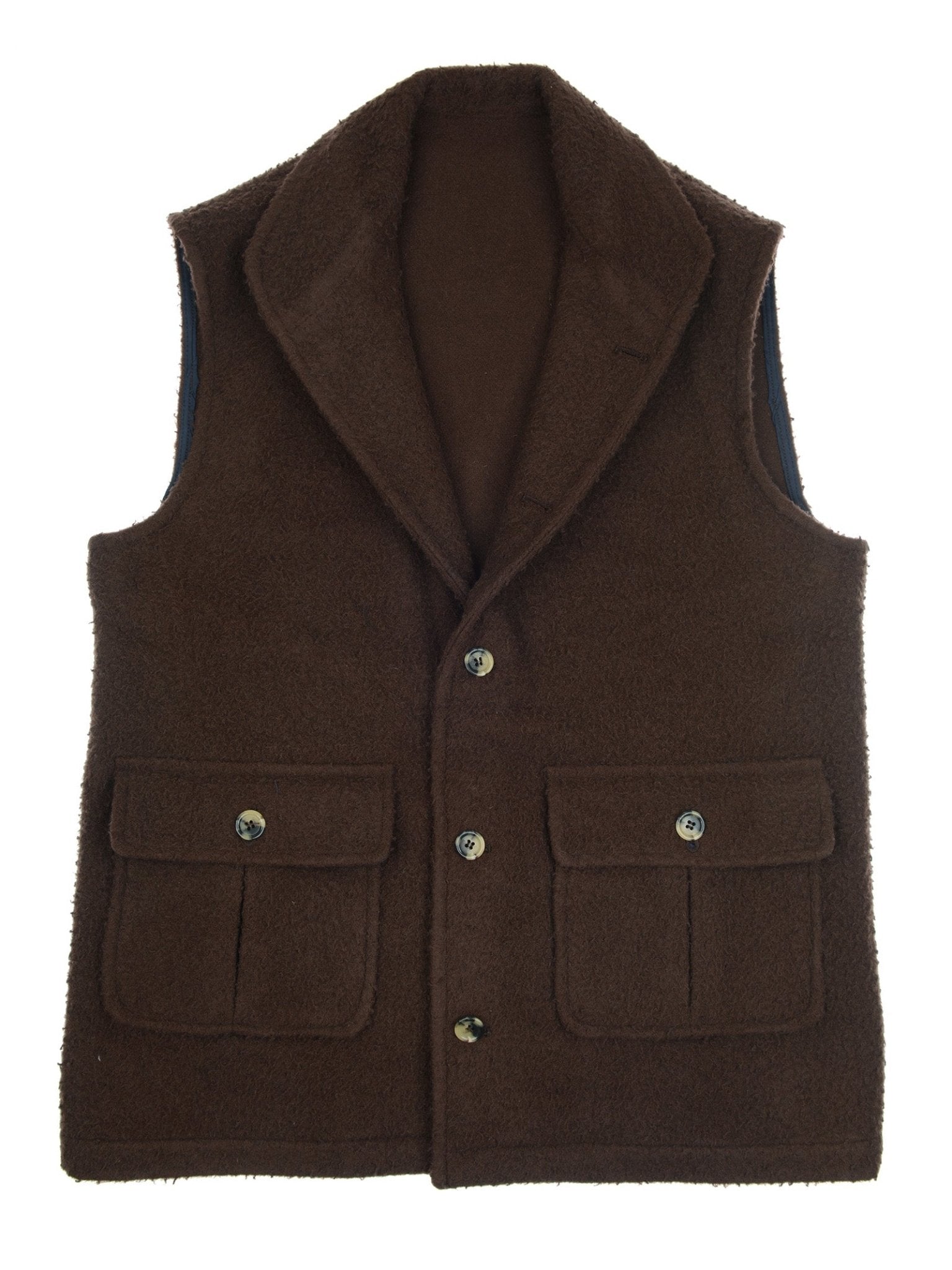 The Casentino Fleece Gilet by Campbell's of Beauly is a brown, sleeveless vest featuring large lapels, three front buttons, and two flap pockets.