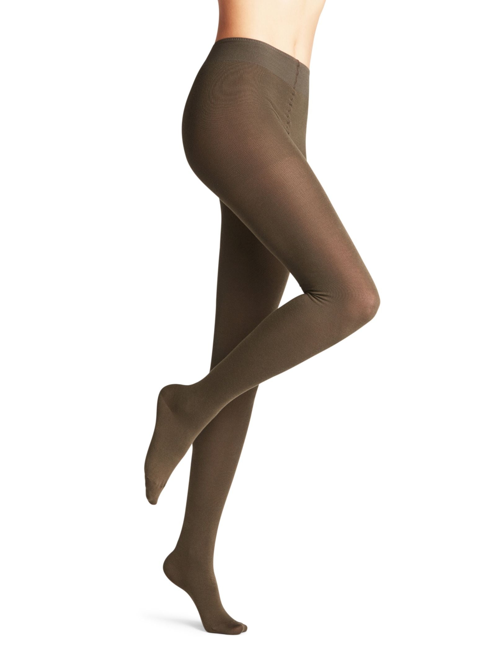 A person wearing opaque brown FALKE Cotton Tights, photographed from the waist down against a plain white background, stands with one leg bent and the other straight. The upper body is not shown.