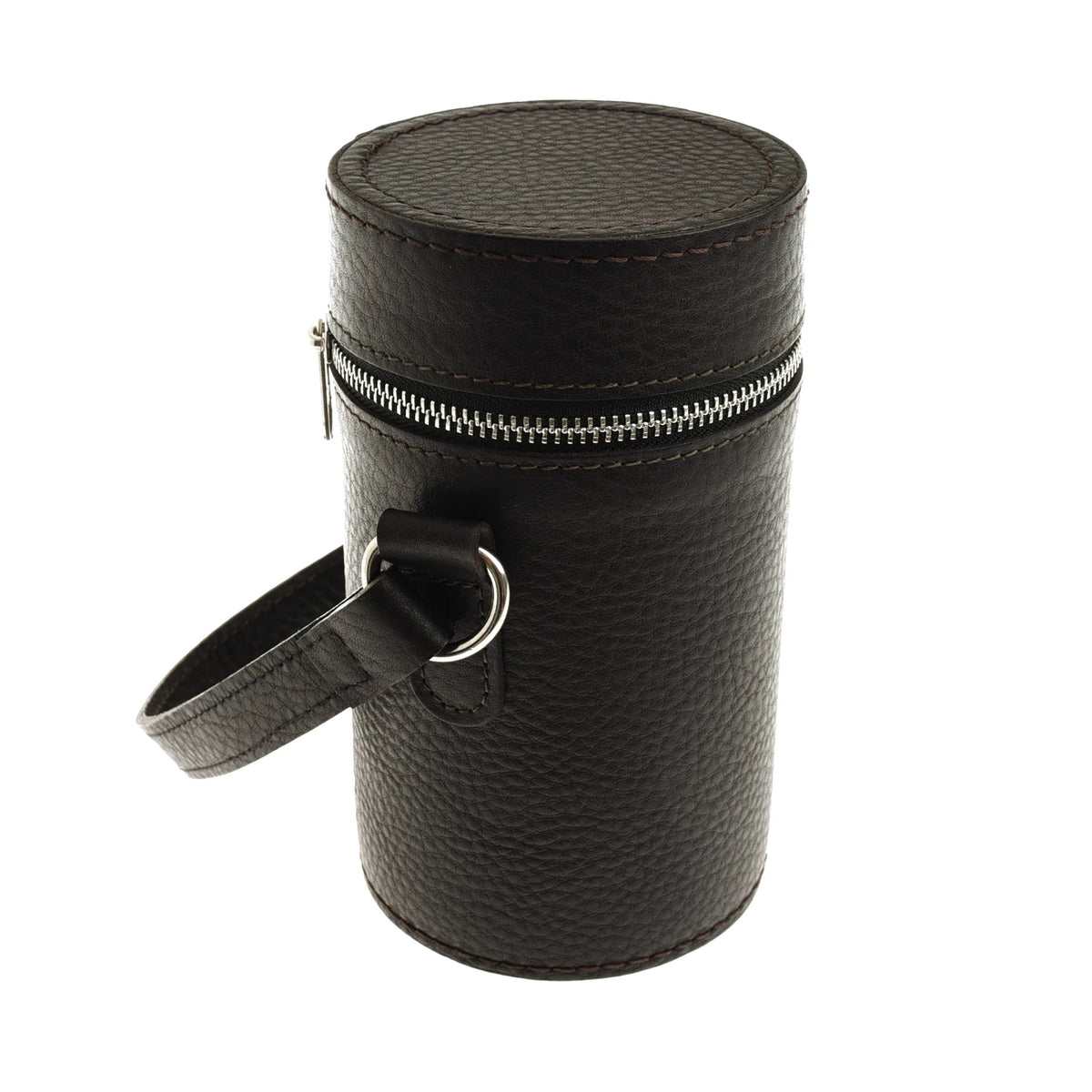 Campbell’s of Beauly Triple Flask Set in a cylindrical dark brown case with a zippered lid and a carry strap, ideal for outdoor enthusiasts.