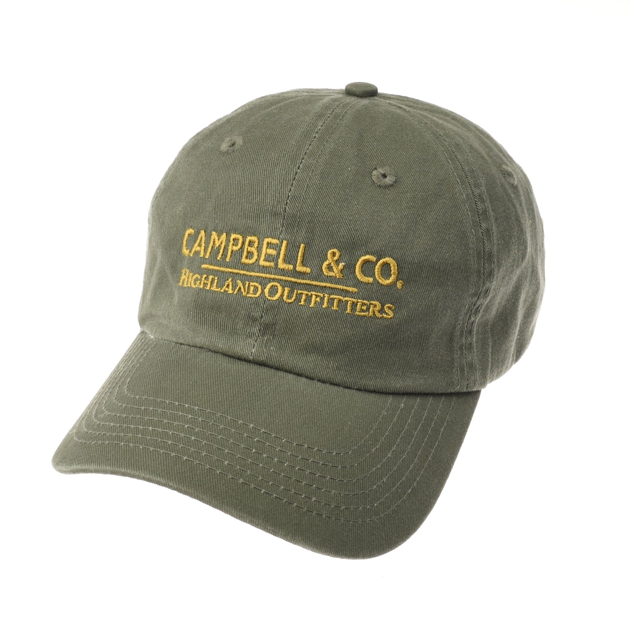 The Unisex Campbell's Baseball Cap by Campbell's of Beauly features classic olive green fabric with yellow CAMPBELL & CO. and HIGHLAND OUTFITTERS embroidery, making it perfect for everyday wear.