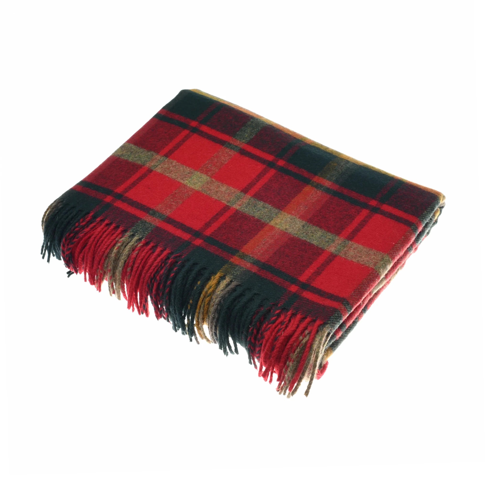 A folded Auld Stock Lambswool Blanket by Campbell's of Beauly in Dark Maple Tartan with black, yellow, and white stripes, plus fringed edges, is displayed on a white background. This UK-woven piece brings classic charm to any room.