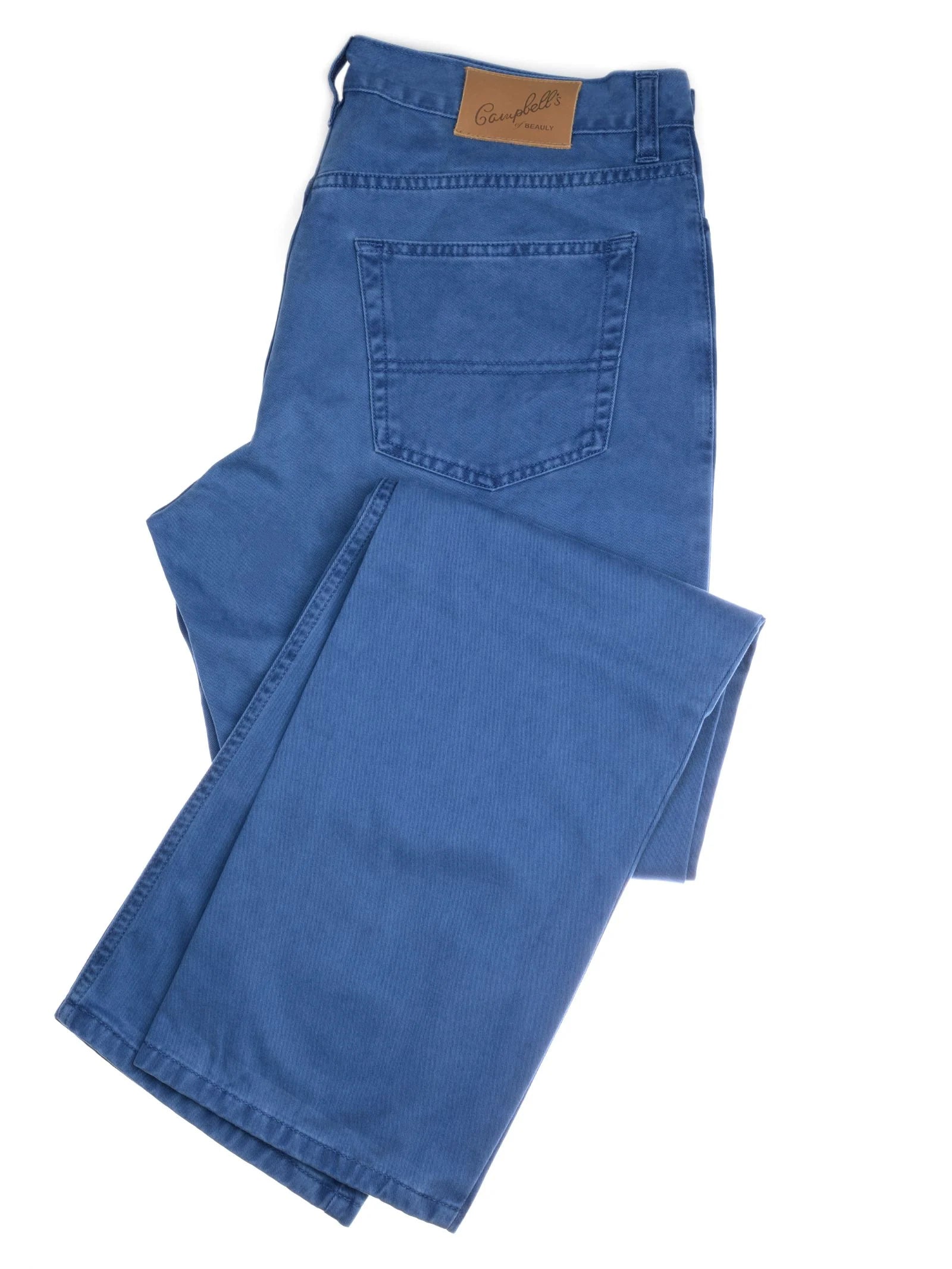 Campbell's of Beauly Colour Cotton Jeans, featuring a five-pocket design, back pocket, and brown leather patch on the waistband, are neatly folded and displayed against a white background.