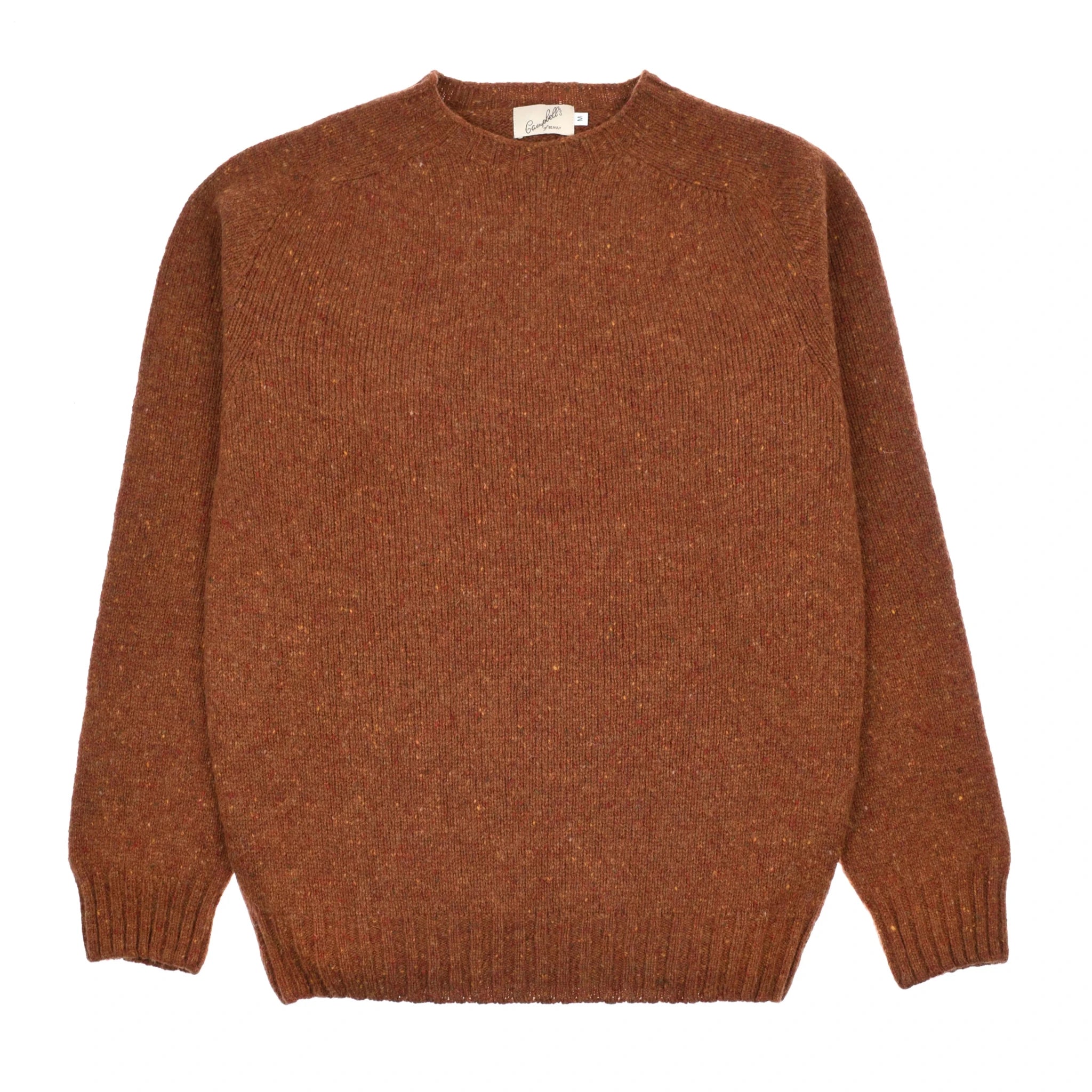 The Auld Stock Donegal Lambswool Crew Neck Jumper by Campbell's of Beauly is shown flat on a white background. Made in Scotland, it features ribbed collar, cuffs, hem, and a subtly textured knit pattern.