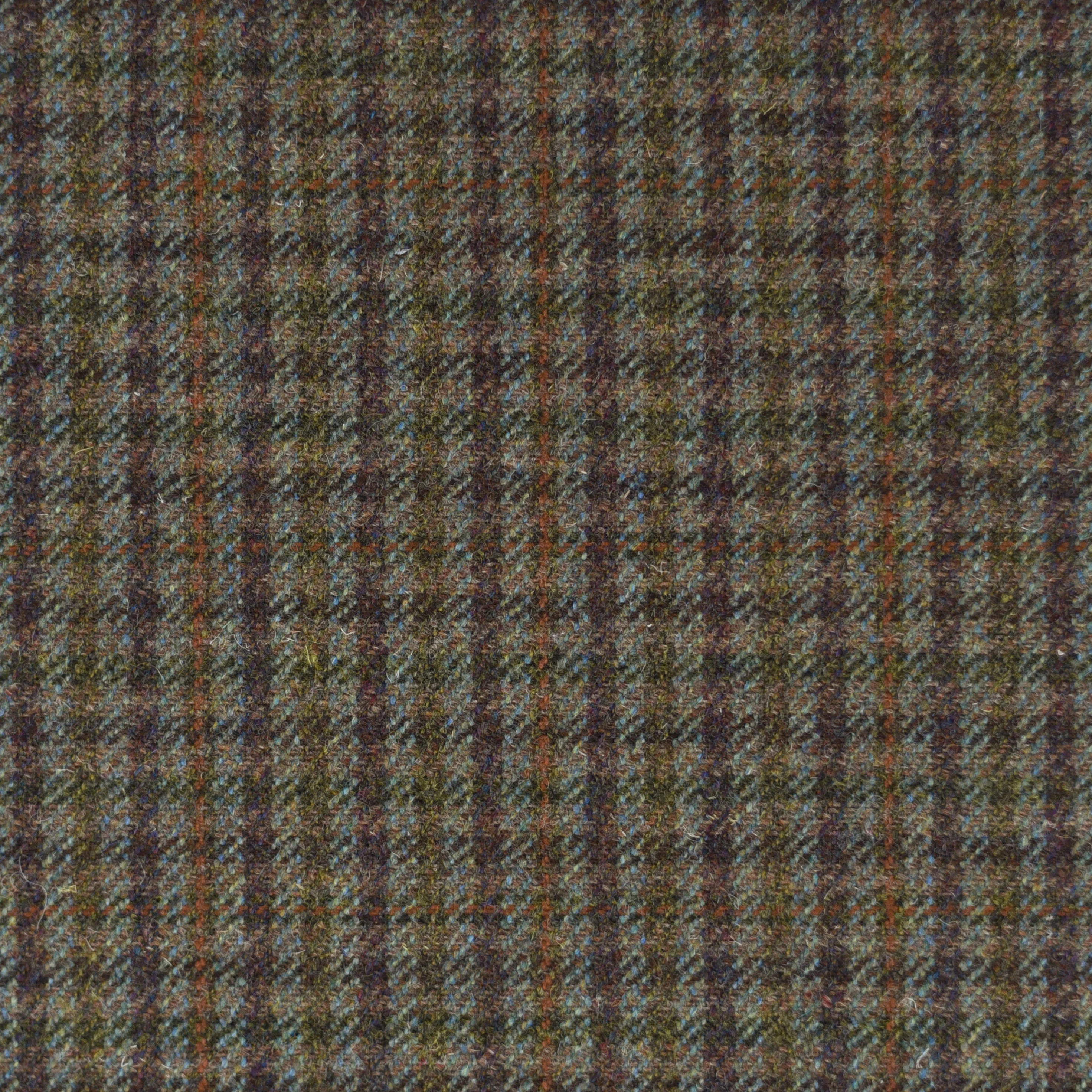 Close-up of House Tweed 30246 by Campbell's of Beauly, a soft, slightly fuzzy tweed with a plaid pattern in brown, green, blue, and orange—ideal for tailored garments.