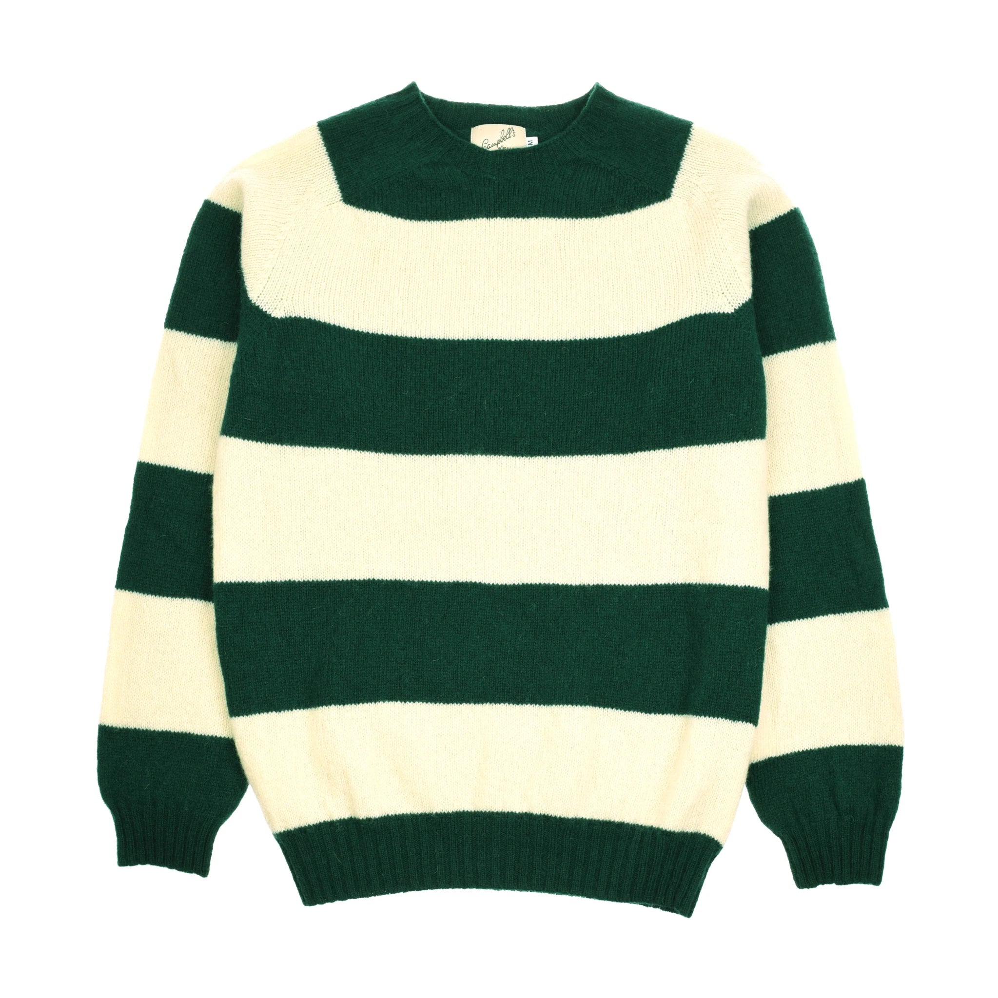 The Auld Stock Shetland Stripe Crew Jumper by Campbell's of Beauly is crafted from soft lambswool with wide green and off-white stripes, a classic crew neck, and ribbed trims—a timeless piece of Scottish knitwear.