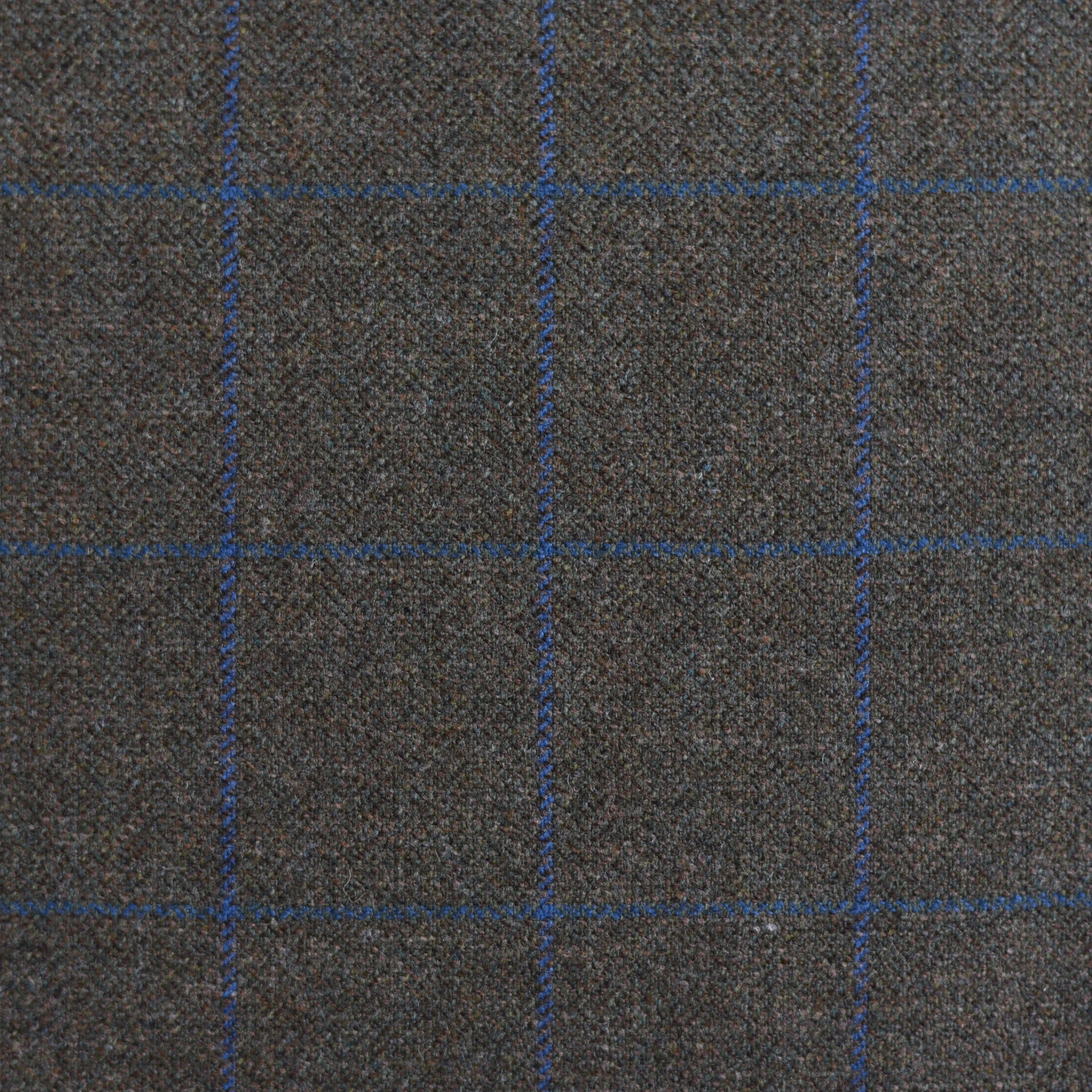 Close-up of Campbell's of Beauly House Tweed 61285 fabric, featuring a blue windowpane check pattern—intersecting thin blue lines forming large squares on textured tweed, ideal for those seeking tweed by the metre.