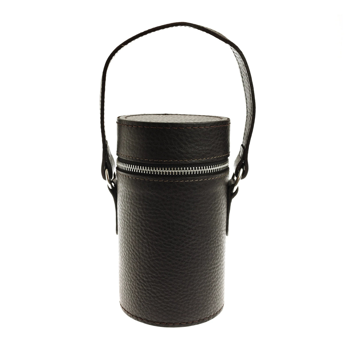 A Campbell’s of Beauly Triple Flask Set in a cylindrical dark brown leather case with a zipper closure, top handle, and three flasks designed for country pursuits.