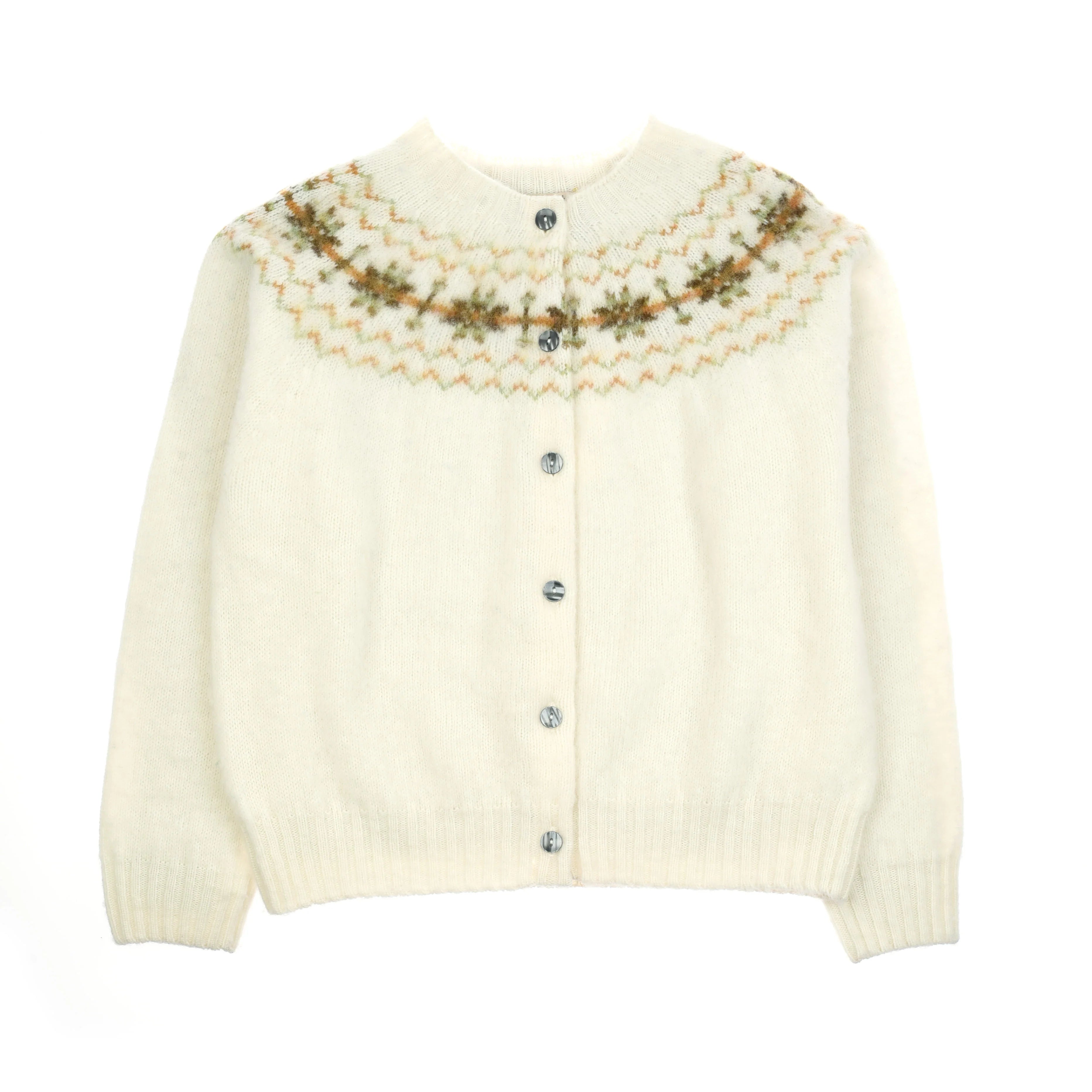 The Brushed Shetland Fairisle Cardigan by Campbell's of Beauly features a cream knit, round neck, front buttons, patterned green and brown yoke, long sleeves with ribbed cuffs and hem. Made from Pure New Wool—a Scottish classic.
