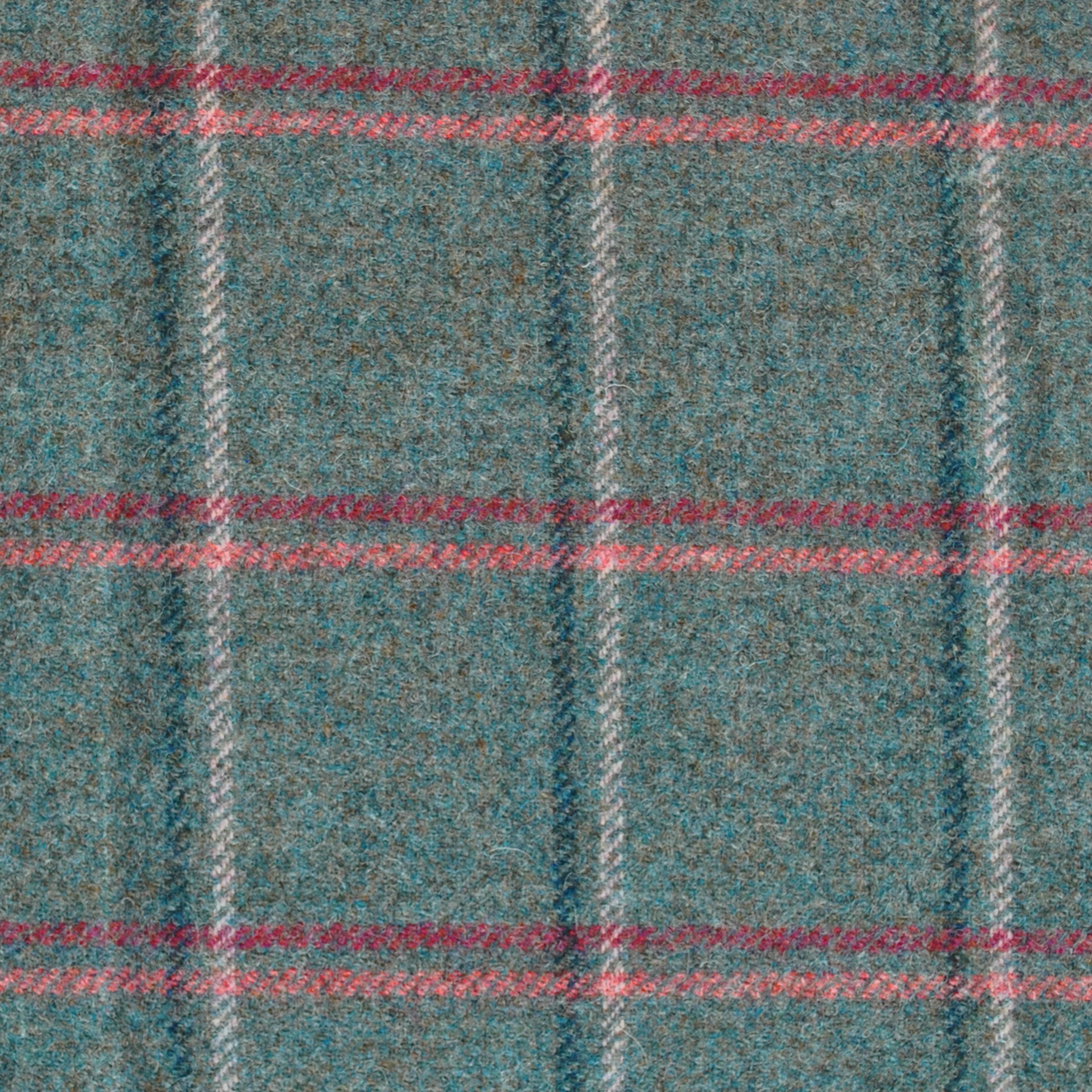 House Tweed 82213 by Campbell's of Beauly is a teal wool fabric with intersecting red and white plaid lines, forming squares. This British textile offers a soft, slightly fuzzy texture—ideal for lightweight tailored garments.