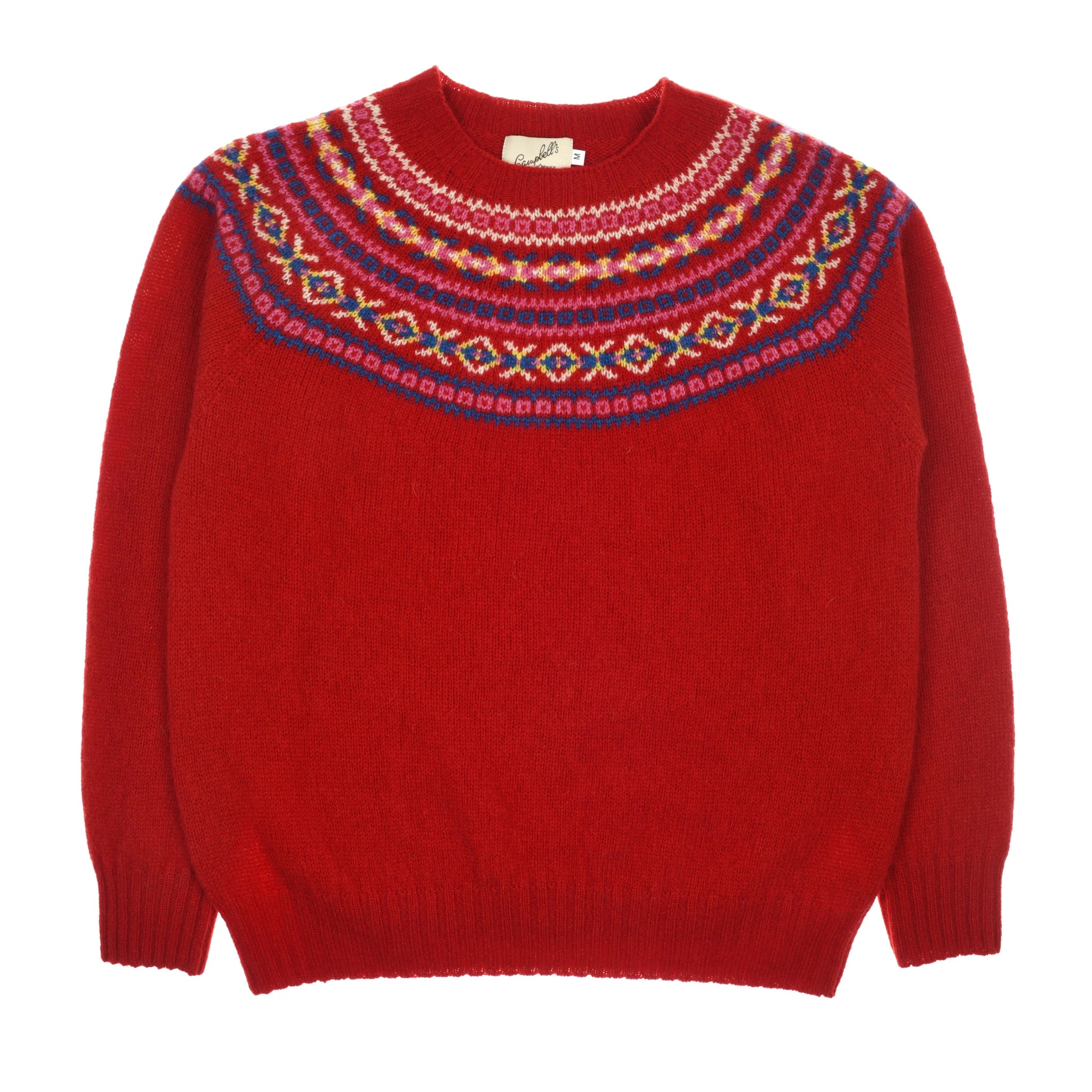 The Auld Stock Fairisle Crew Jumper by Campbell's of Beauly is a red Geelong lambswool knit with a multicolored geometric yoke in pink, purple, white, and blue, crafted in Scotland for a festive and cozy look.