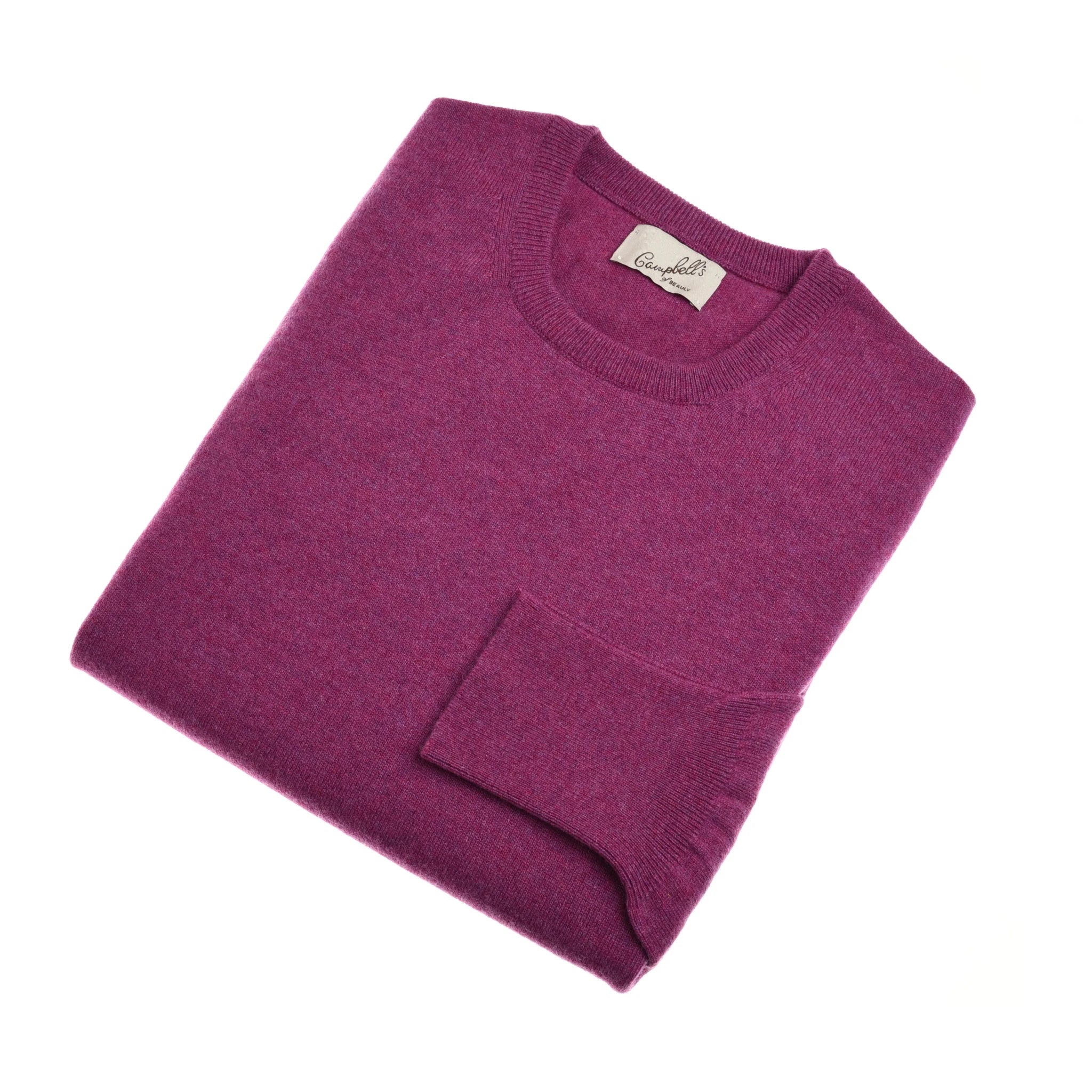 The Auld Stock Cashmere Crew Neck Jumper by Campbell's of Beauly features long sleeves, a rich purple hue, and a visible neck label—a luxurious knit displayed neatly folded on a white background.