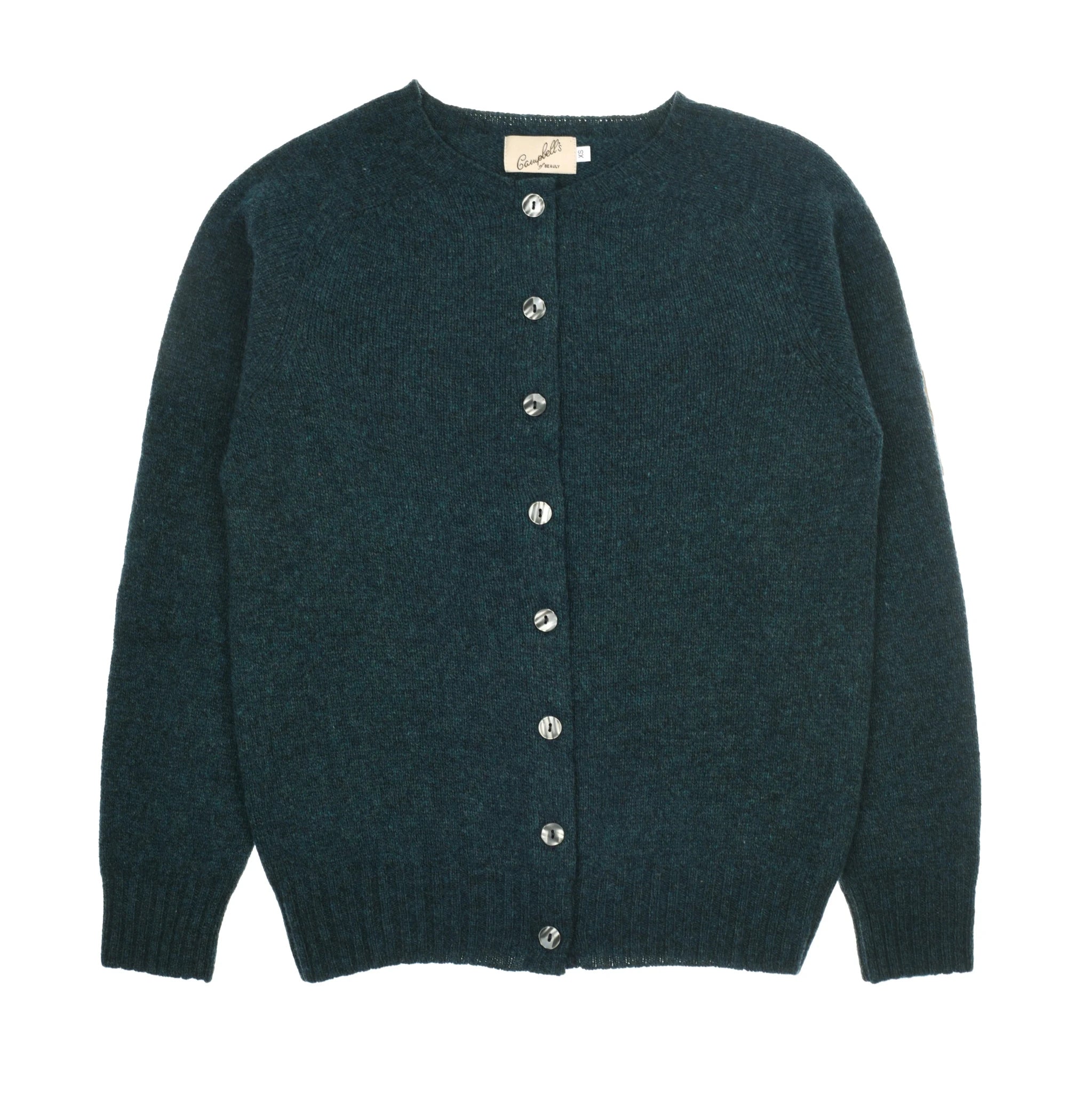 The Auld Stock Geelong Lambswool Crew Cardigan by Campbell's of Beauly features a teal shade, long sleeves, ribbed cuffs and hem, and front buttons. Made in Scotland, it is shown laid flat on a white background.
