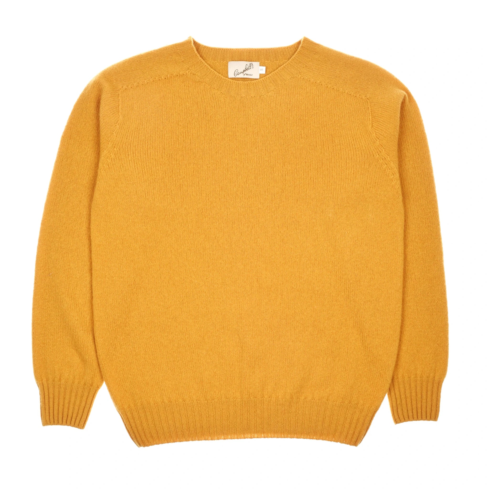 The Auld Stock Geelong Lambswool Crew Neck Jumper by Campbell's of Beauly is a mustard yellow, long-sleeve sweater with ribbed cuffs, hem, and neckline, offering a classic Scottish knit look.