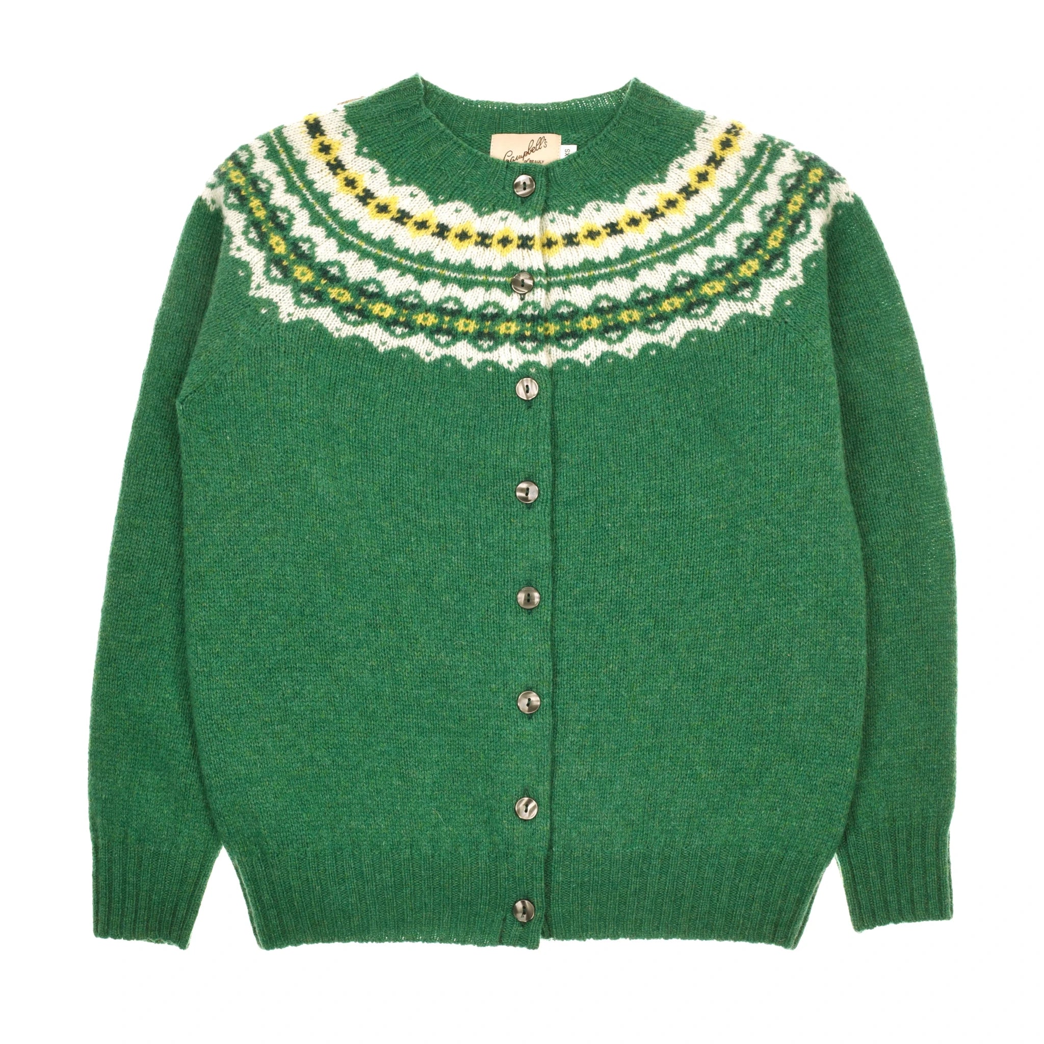 The Auld Stock Shetland Fairisle Cardigan by Campbell's of Beauly features a green button-up style with a round neckline, white, yellow, and green patterned yoke, ribbed cuffs and hem, all crafted from Pure New Wool.