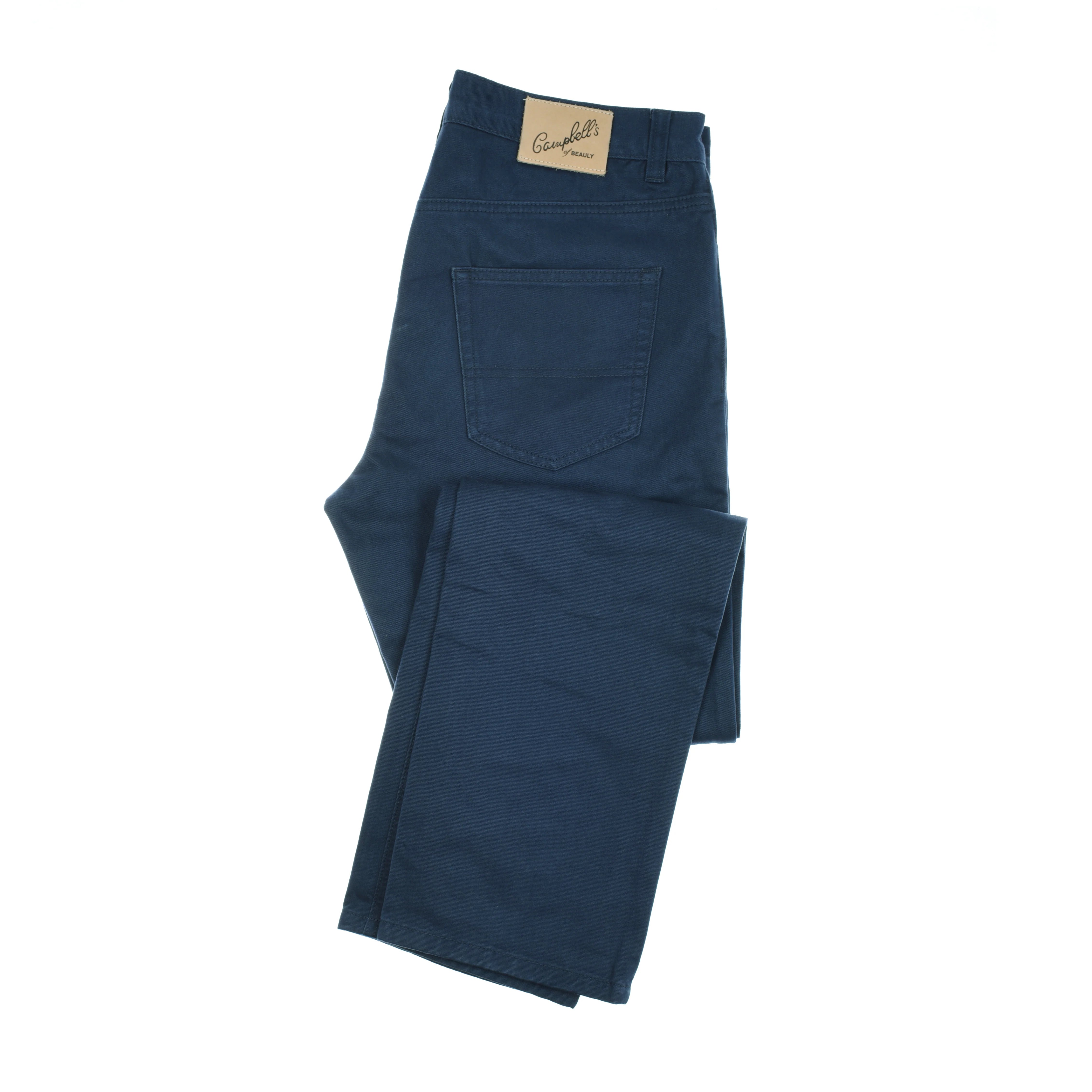 Campbell's of Beauly Colour Cotton Jeans, dark blue with a straight leg and classic five-pocket style, feature a branded brown leather patch on the waistband and are neatly folded against a white background.
