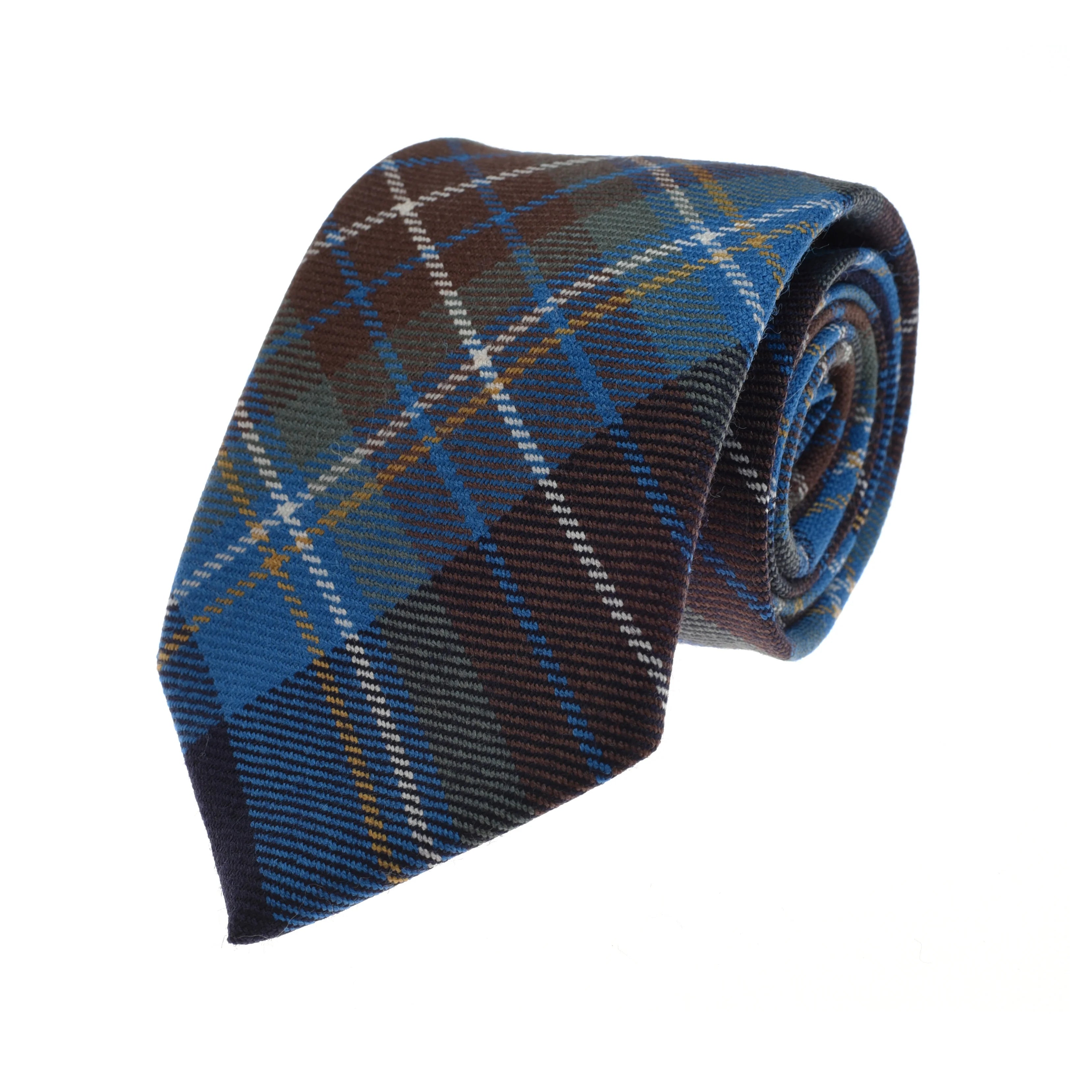 The Campbell's of Beauly Tartan Tie is a rolled fine wool necktie in blue, brown, and yellow plaid tartan, shown on a white backdrop—an elegant choice for any formalwear collection.