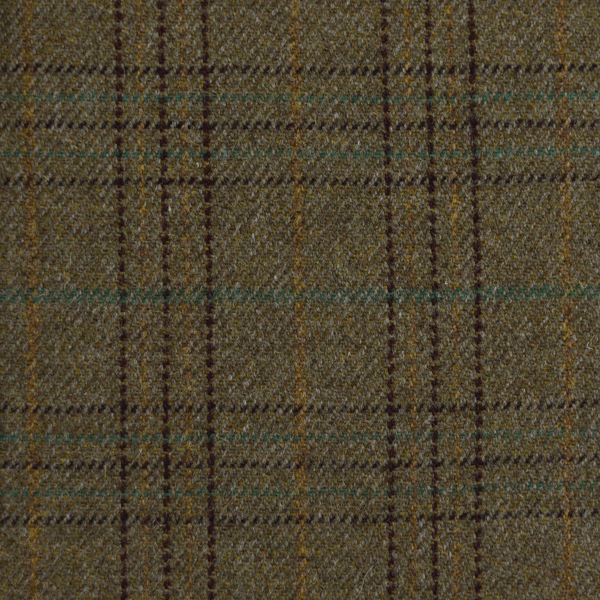 Close-up of Campbell's of Beauly House Tweed 30249: a heavyweight Estate Tweed woven in Scotland with a coarse, woolly texture and a plaid of dark brown, yellow, and green intersecting lines.