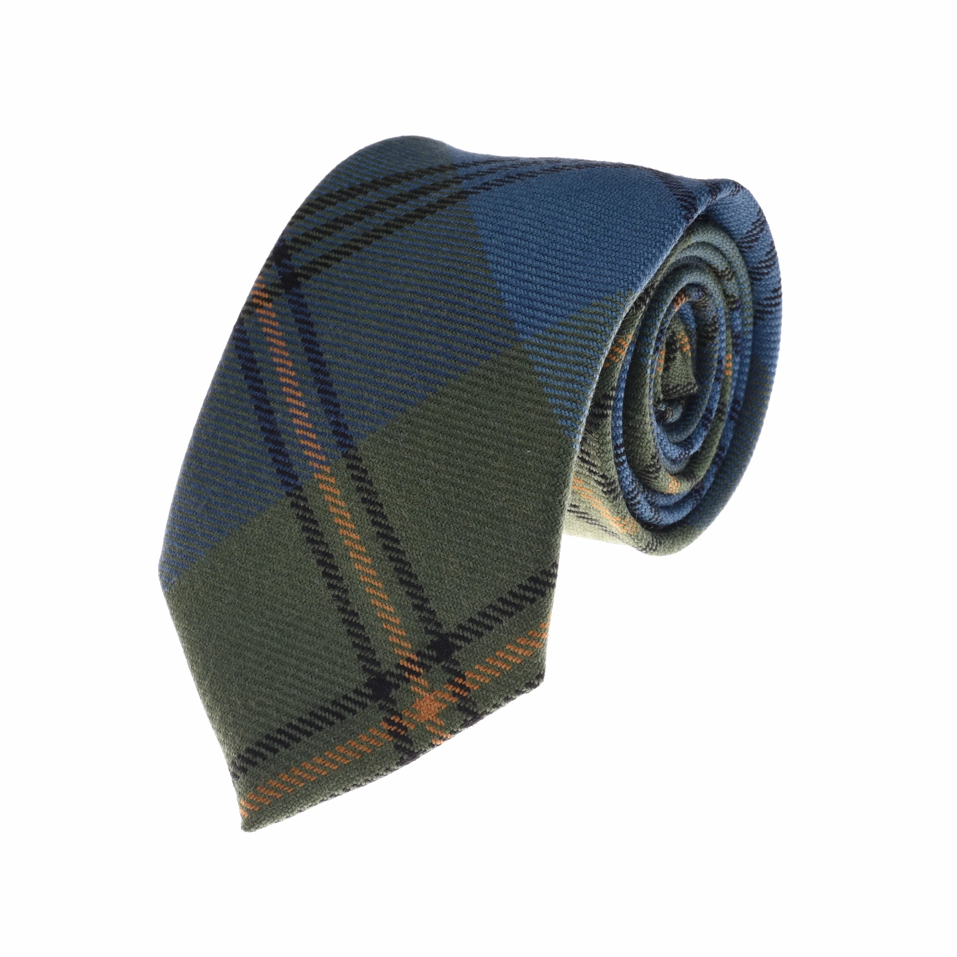 The Campbell's of Beauly Tartan Tie is a fine wool accessory featuring a blue, green, and yellow plaid pattern, ideal for formalwear and shown rolled up on a white background.