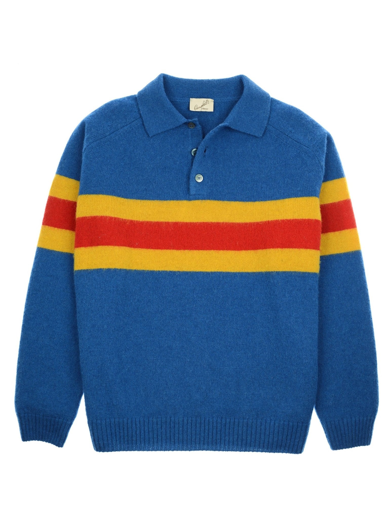 The Brushed Shetland Stripe Rugby by Campbell's of Beauly is a blue rugby-style sweater with a collar and buttons, featuring bold horizontal red and yellow stripes on the chest and sleeves.