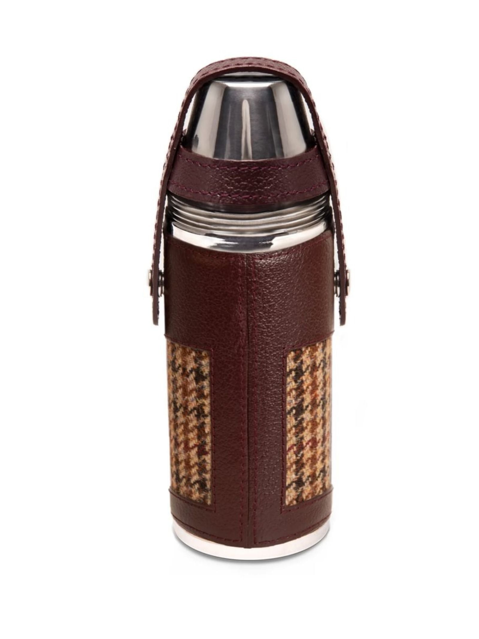 The 8oz Bordeaux Hunter Flask by Campbell's of Beauly x Ettinger features British craftsmanship, a shiny metal lid, handle, and is wrapped in brown Capra goat leather with houndstooth fabric.