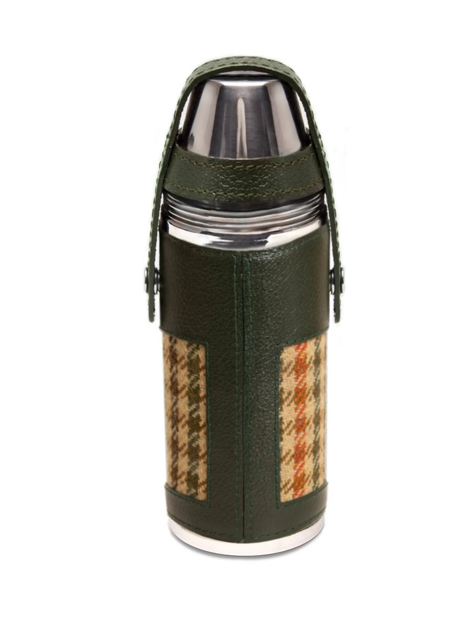 The 8oz Forest Green Hunter Flask by Campbell's of Beauly x Ettinger features a green Capra goat leather cover, plaid fabric panels, and a matching strap—highlighting British craftsmanship in every detail.
