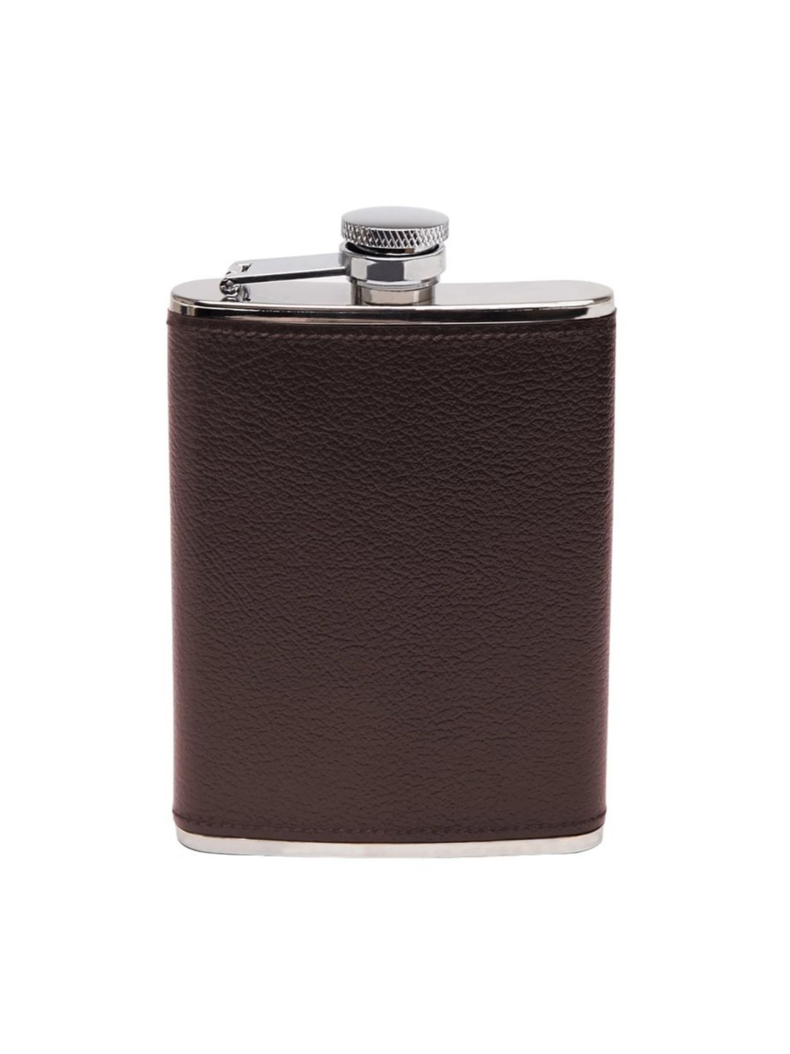 The 6oz Chocolate Hip Flask by Campbell's of Beauly x Ettinger stands upright with a screw-on cap, crafted from stainless steel and wrapped in rich Capra goat leather. Set against a plain white background, it exemplifies refined British craftsmanship.