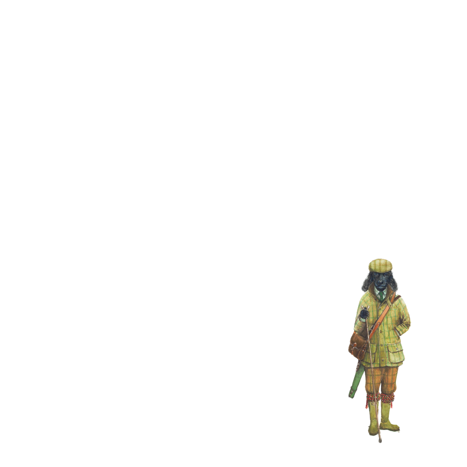 A person dressed in yellow hunting attire, holding a rifle and wearing boots and a cap, stands in the bottom right corner against a mostly blank white background.
