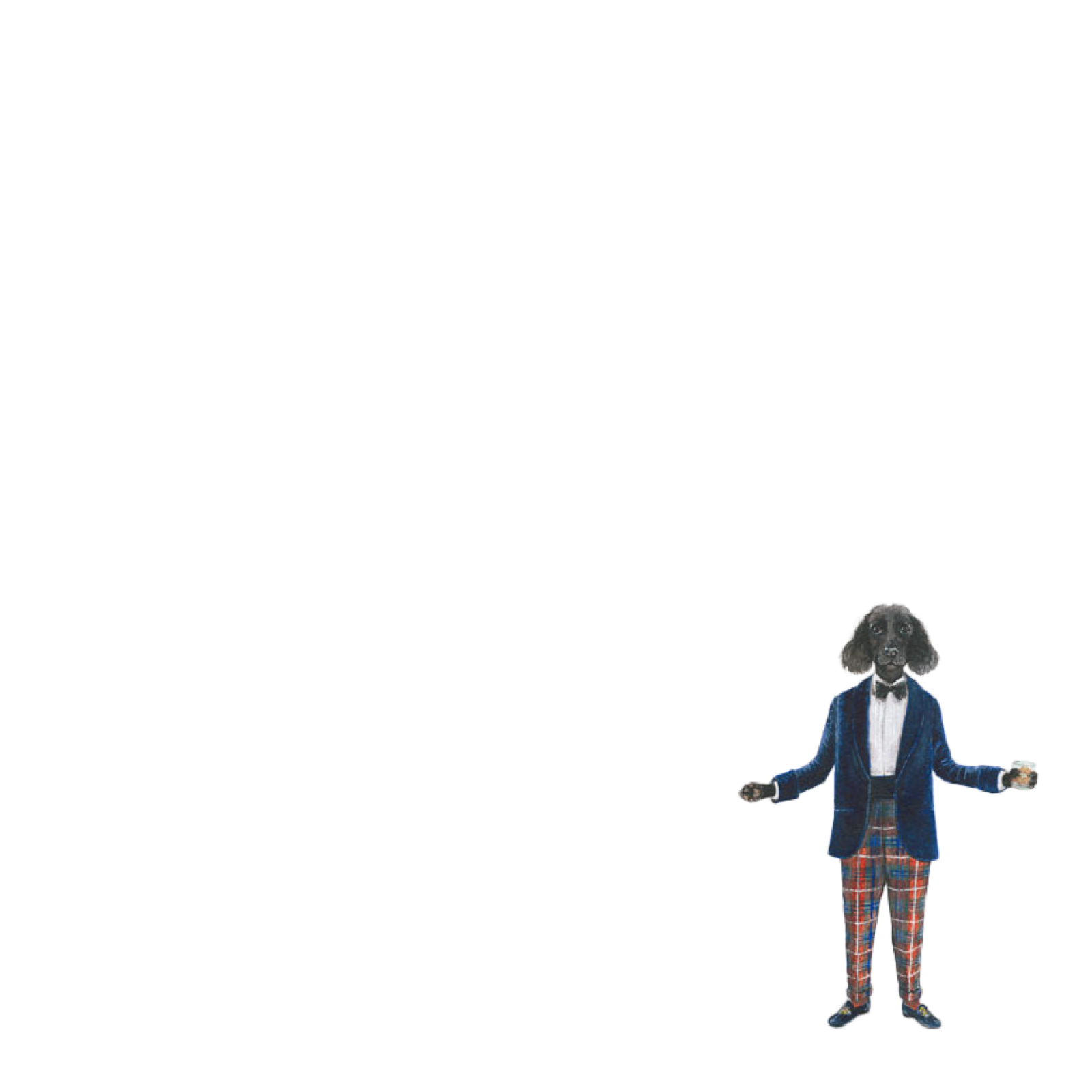 A dog standing upright in a blue velvet jacket, bowtie, and plaid pants, holding a glass in each paw, with a large amount of empty white space above and around it.