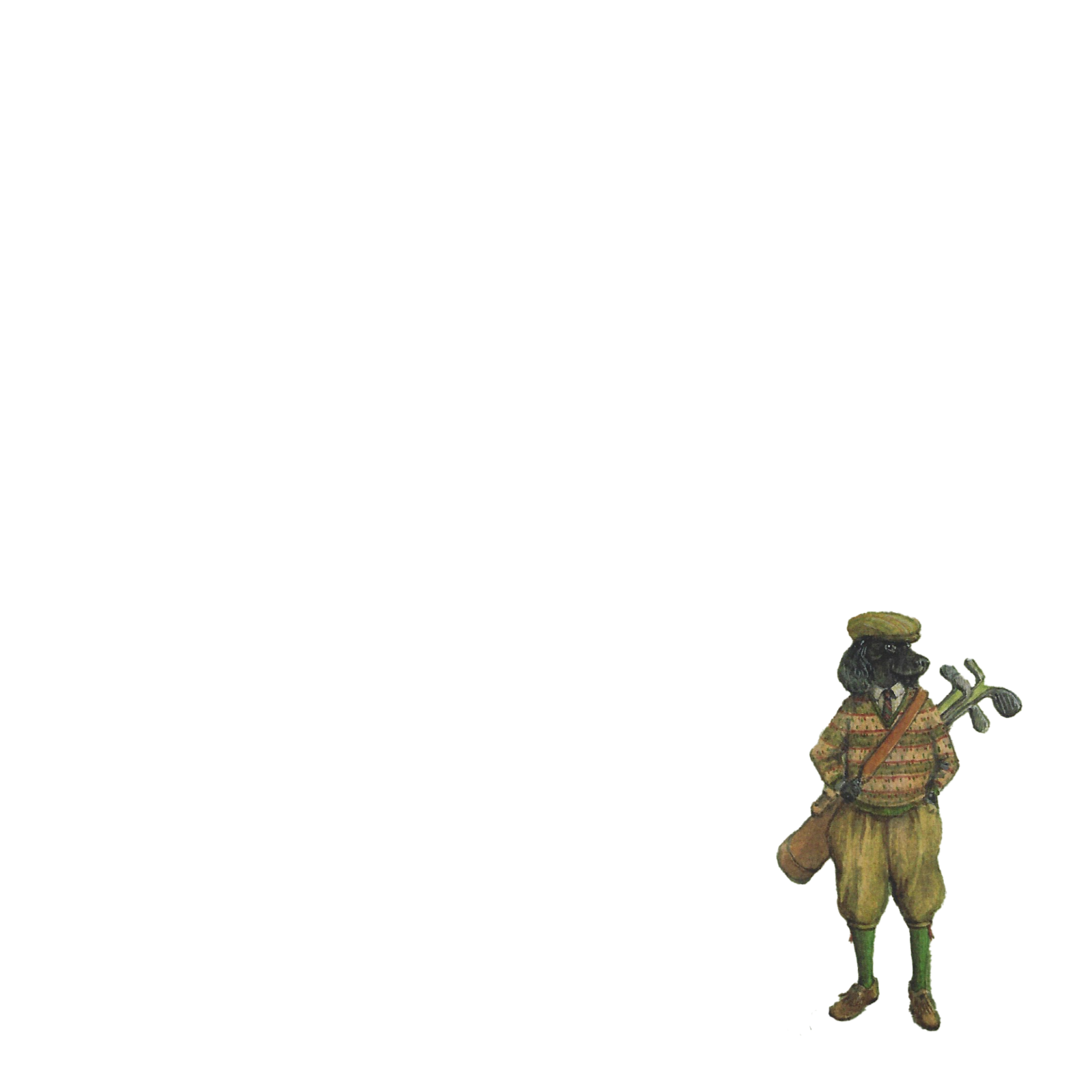 In the lower right corner, a dog dressed in vintage clothing, including a cap, vest, and knickers, stands upright holding a walking stick and a bag against a plain white background.