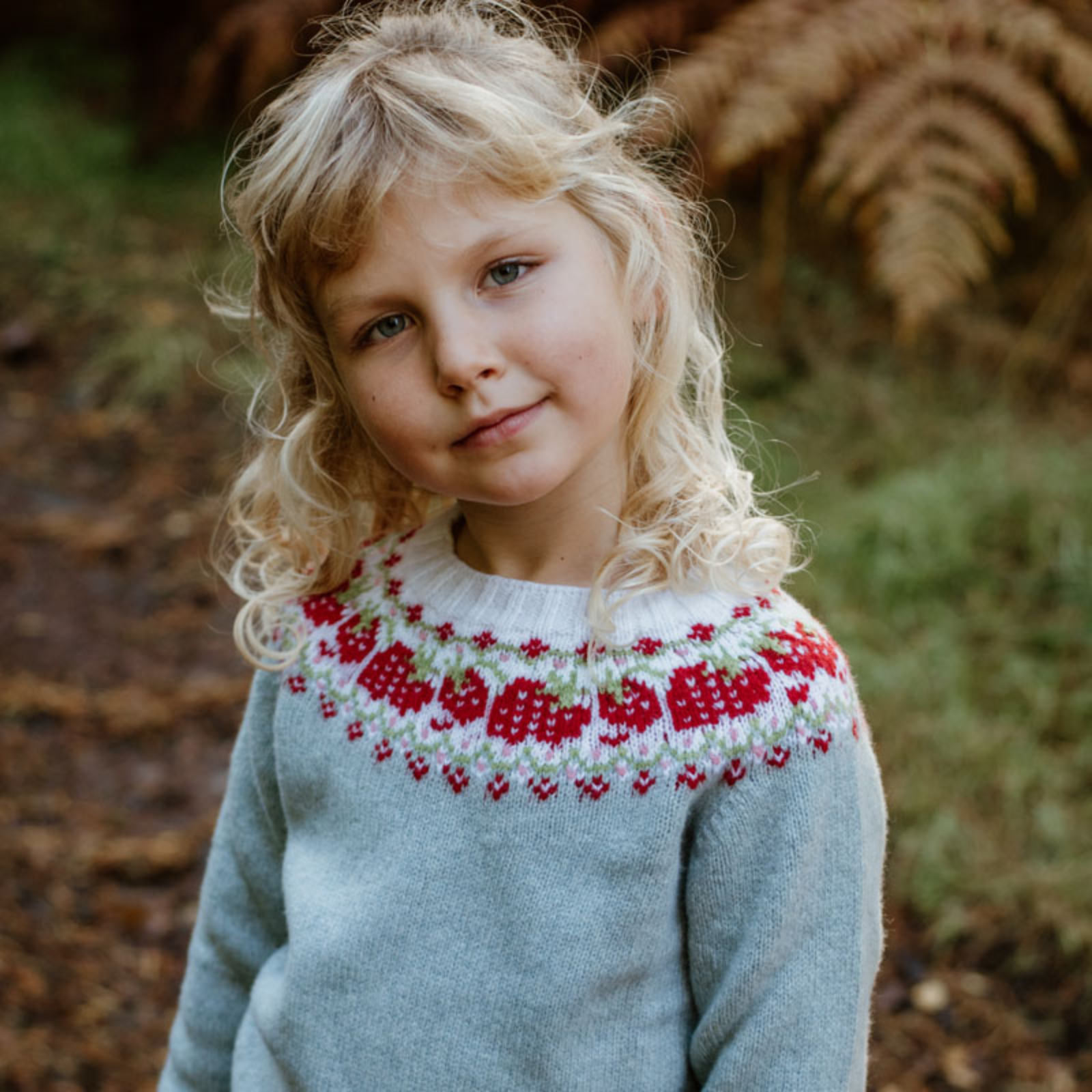 A young child with curly blonde hair wearing a light blue sweater with a red and white patterned yoke, standing outdoors in front of autumnal ferns and greenery.