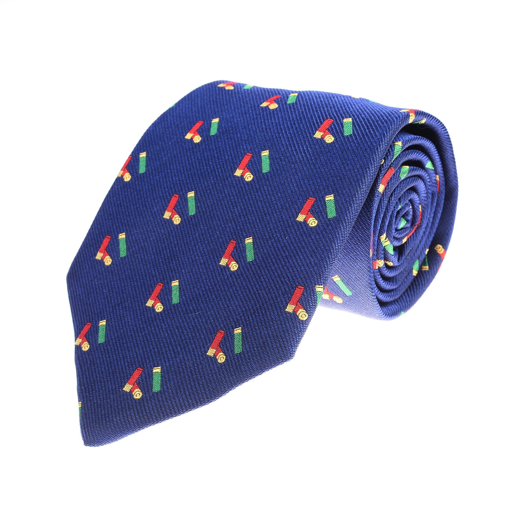 The Auld Stock Cartridges Silk Tie by Campbell's of Beauly features a blue silk design with colorful cartridge motifs—an ideal accessory to add flair to any shooting outfit.