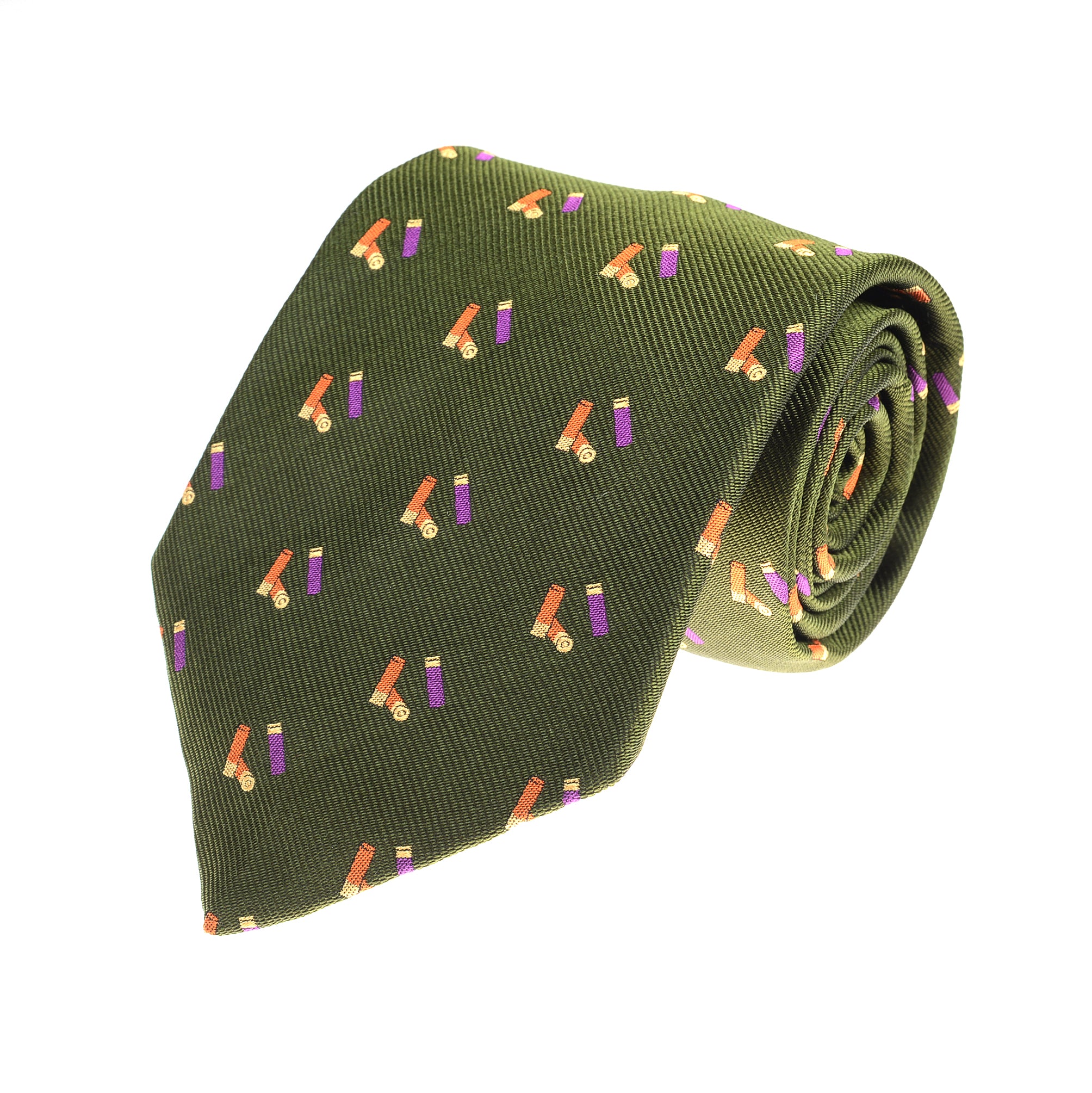 The Auld Stock Cartridges Silk Tie by Campbell's of Beauly features a green silk base with a repeating pattern of small orange, purple, and yellow books, neatly rolled on a white background.