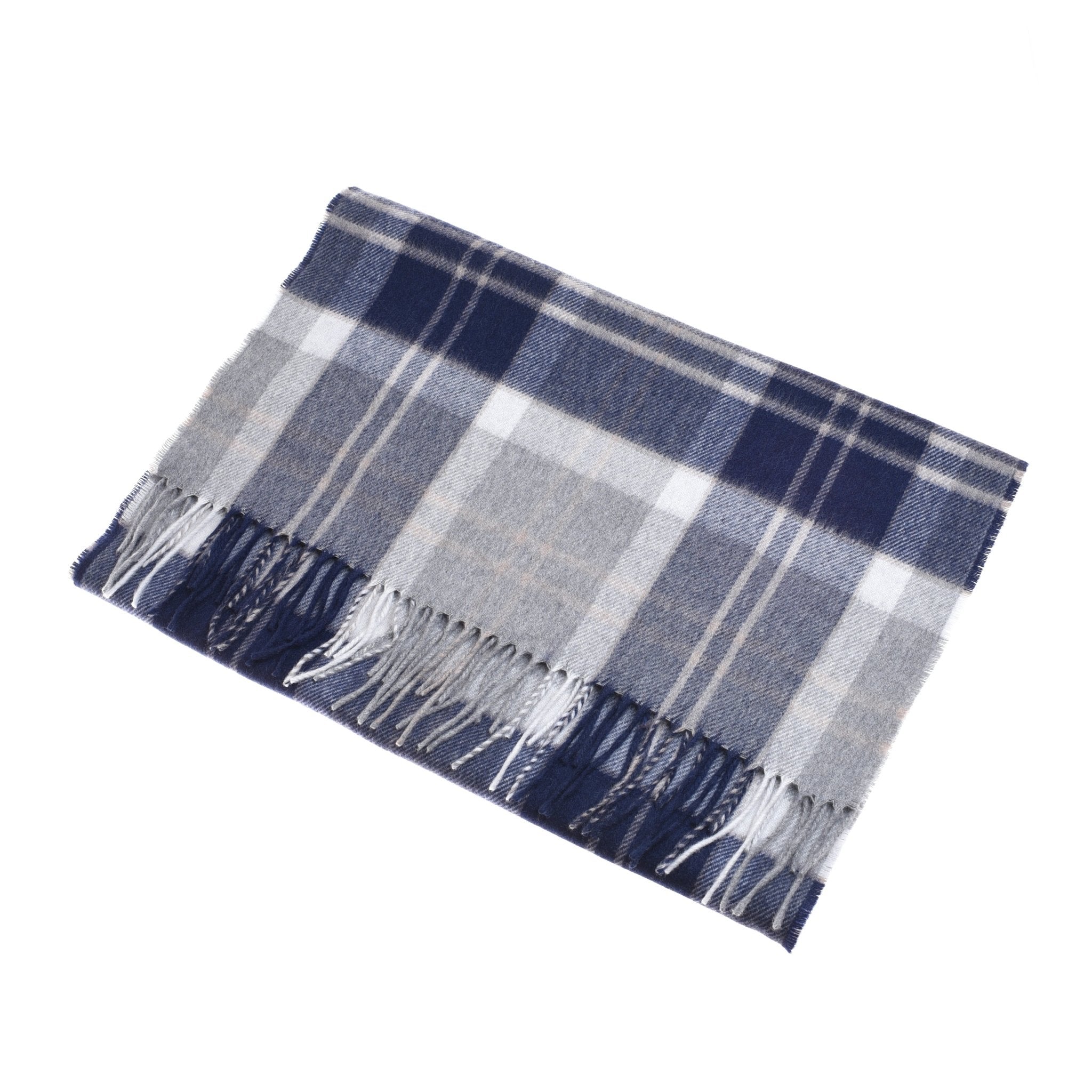 A folded, rectangular Campbell's of Beauly Cashmere Stole with a blue, gray, and white plaid pattern and fringed ends is displayed on a white background.