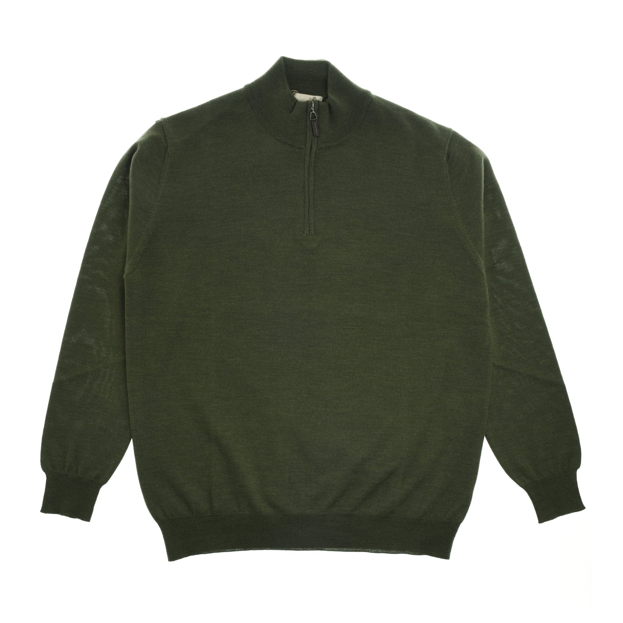 The Campbell's of Beauly Auld Stock Merino Quarter Zip Jumper features a dark green, long-sleeve knit design with a zip-up mock neck collar, shown laid flat on a white background.