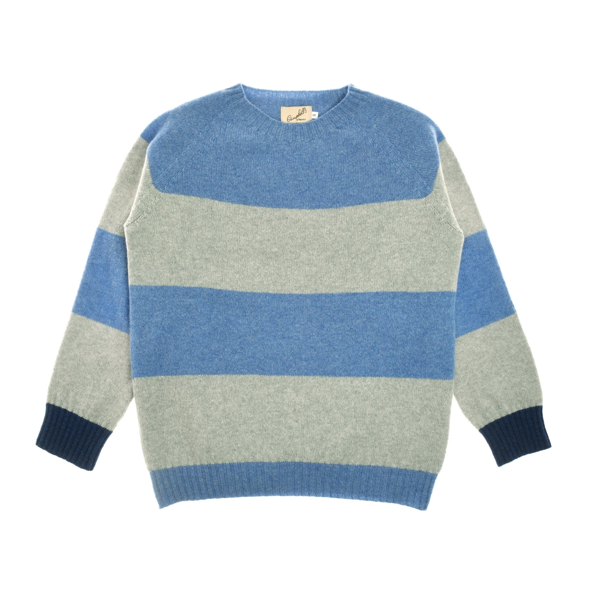 The Campbell's of Beauly Auld Stock Stripe Crew Jumper features a relaxed fit, wide light gray and blue stripes, navy ribbed cuffs, and a small tag at the neckline.