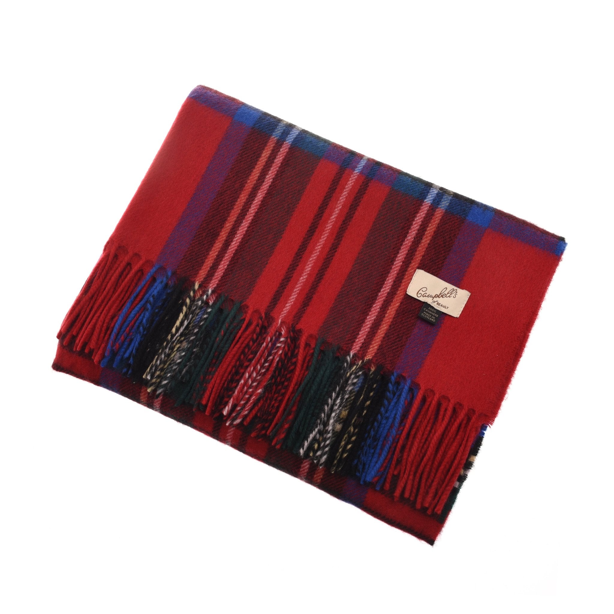 The Unisex Cashmere Wide Tartan Scarf by Campbell's of Beauly features a folded red plaid with blue, black, and green stripes, fringed edges, and a small beige label—crafted in the Scottish Borders.