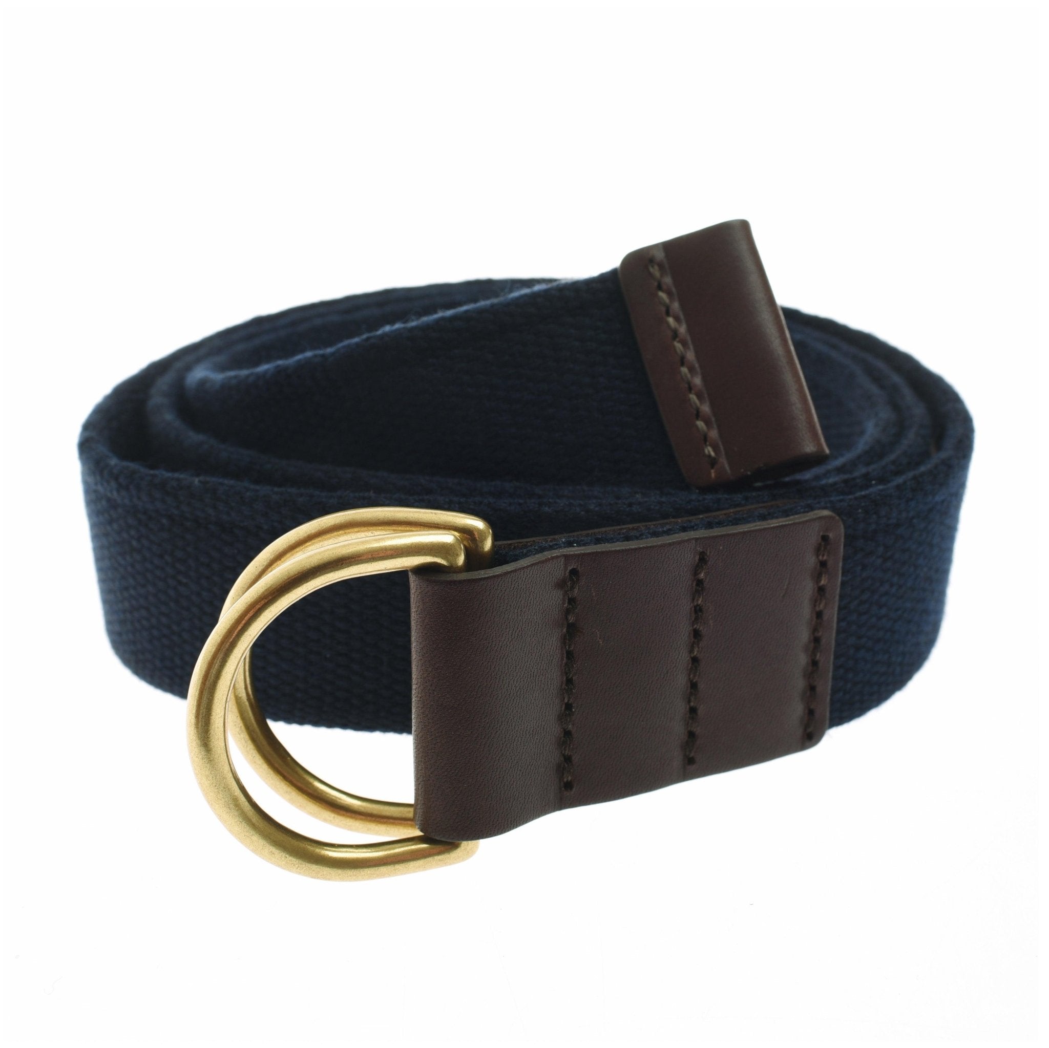 The Auld Stock Unisex Mini Belt by Campbell's of Beauly features navy canvas and leather with a brown leather end and two gold-colored D-ring loops, shown rolled up on a white background.