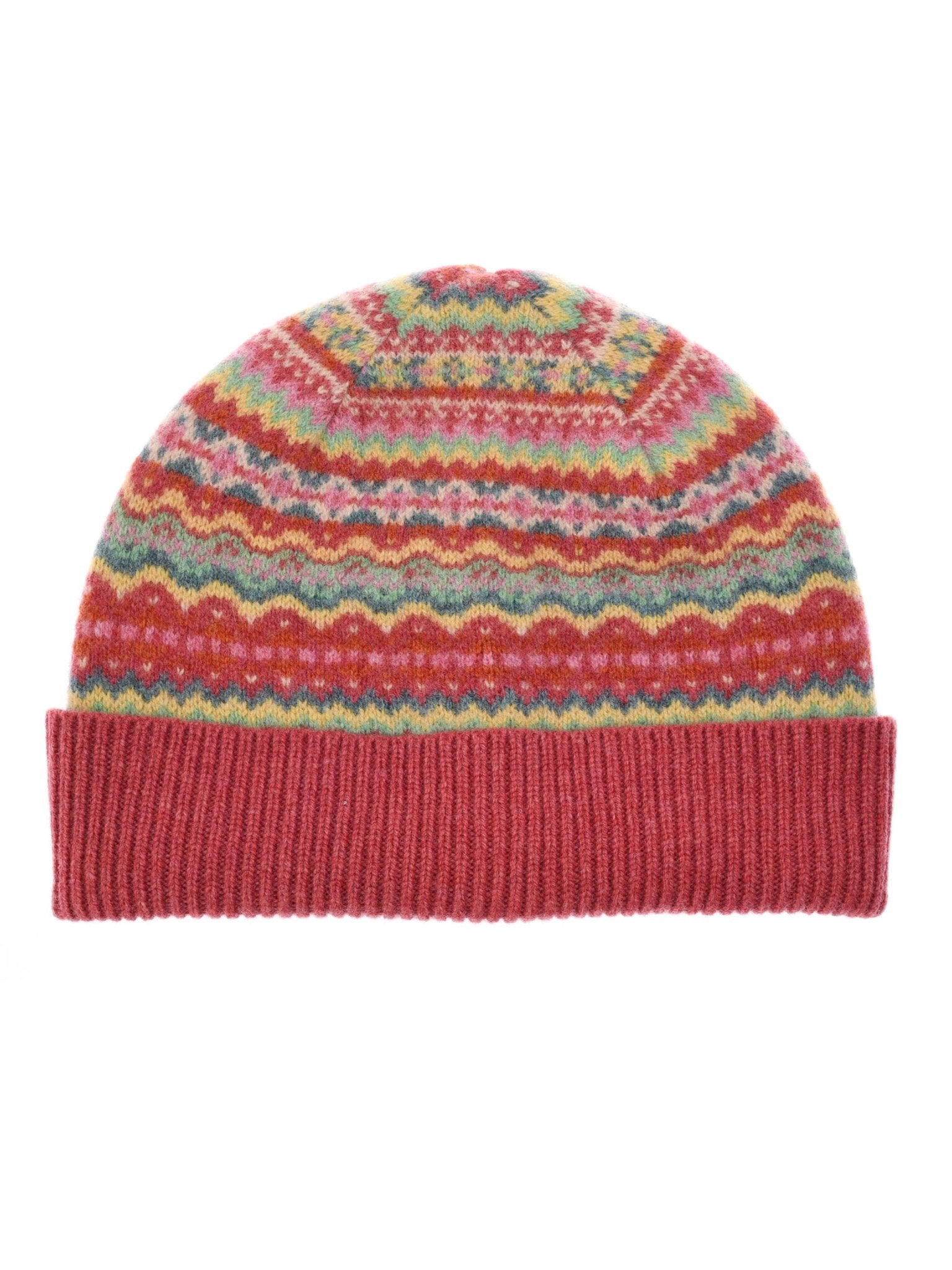 The Campbell's of Beauly Auld Stock Lambswool Fairisle Hat features a colorful geometric fairisle pattern with a folded ribbed brim—an essential winter knit beanie.