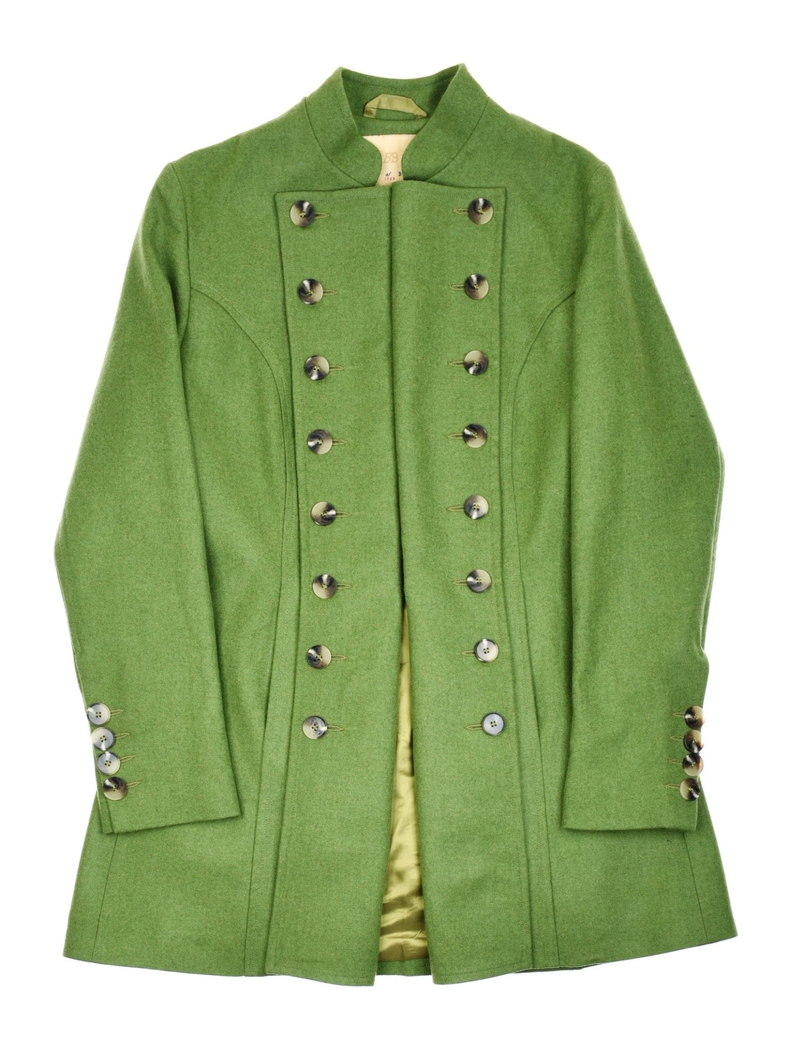 The Pirate Coat by Campbell's of Beauly is a long, green military-style coat with a high collar, double-breasted silver buttons, and cuff detailing. Expertly UK crafted and displayed flat on a white background.
