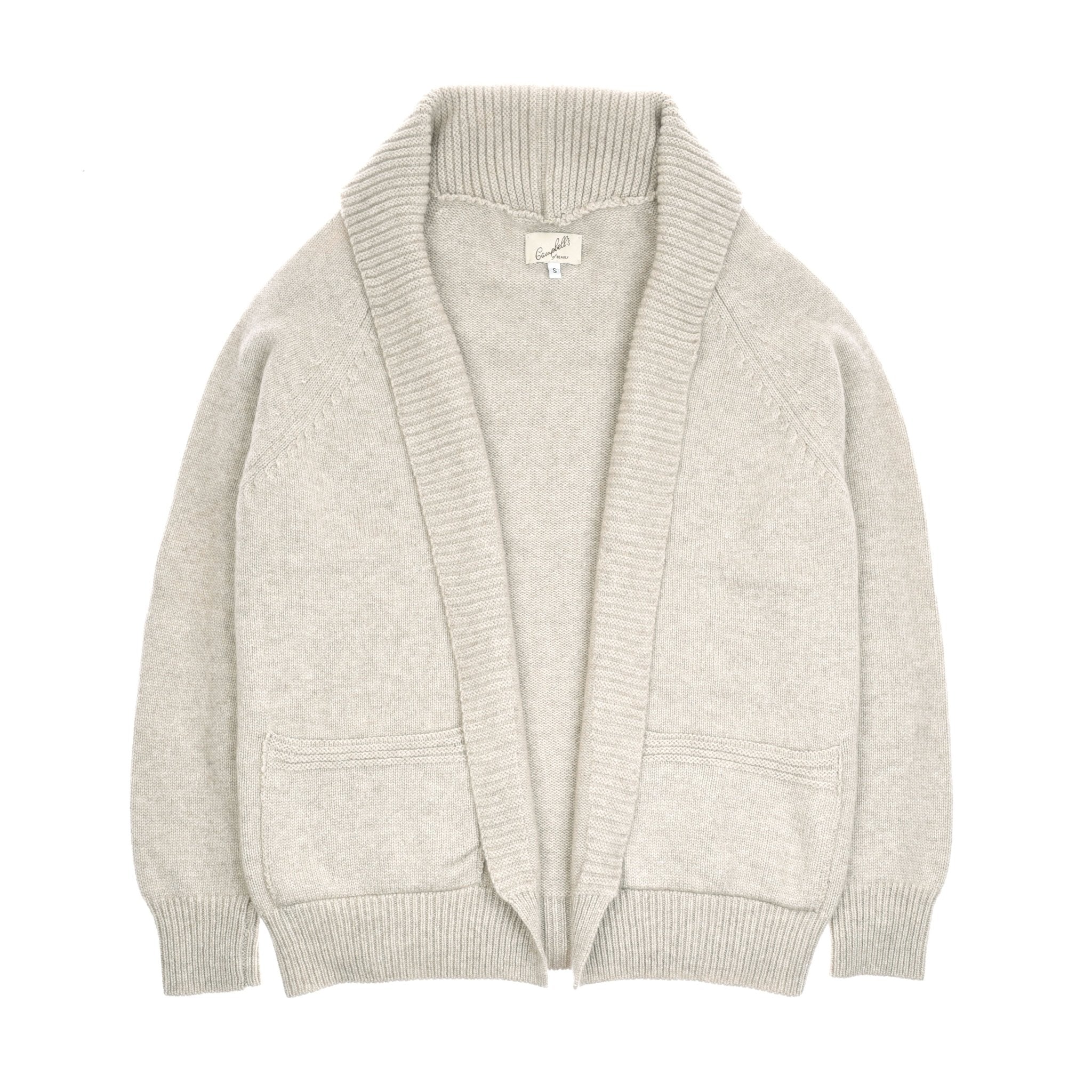 Campbells of Beauly Cashmere Shawl Cardigan in medium dyed gray, featuring long sleeves, ribbed shawl collar, two front pockets, and ribbed cuffs and hem—a luxurious knitwear essential for any wardrobe.